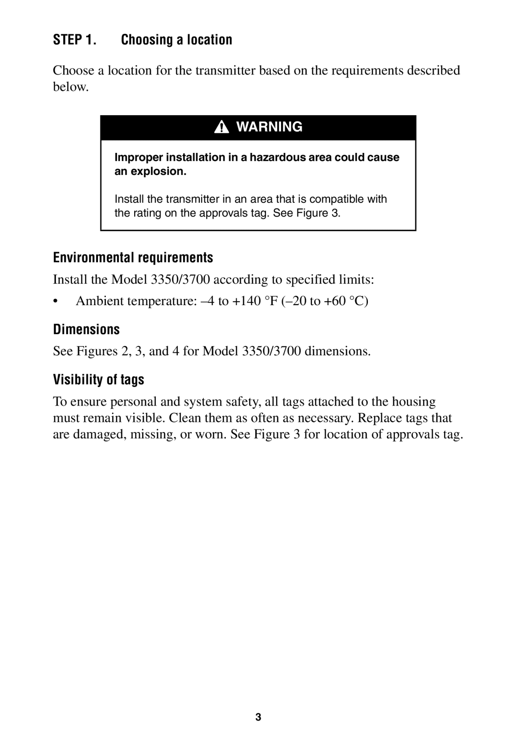 Emerson 3700, 3350 installation instructions Choosing a location, Environmental requirements, Dimensions, Visibility of tags 