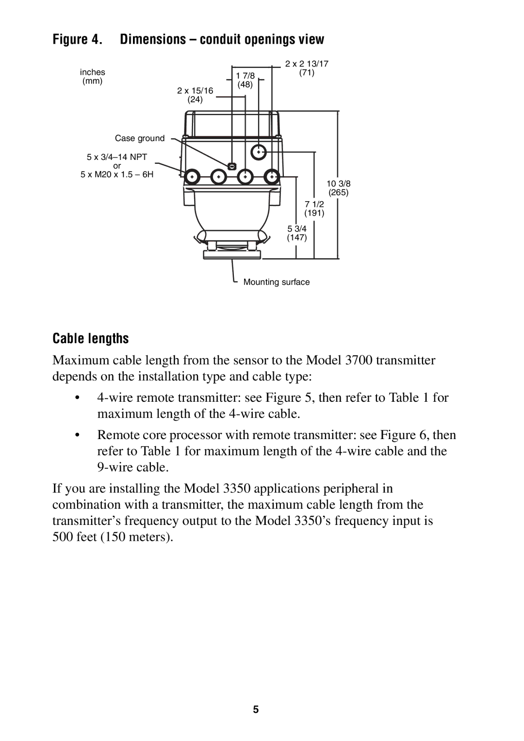 Emerson 3700, 3350 installation instructions Dimensions conduit openings view, Cable lengths 