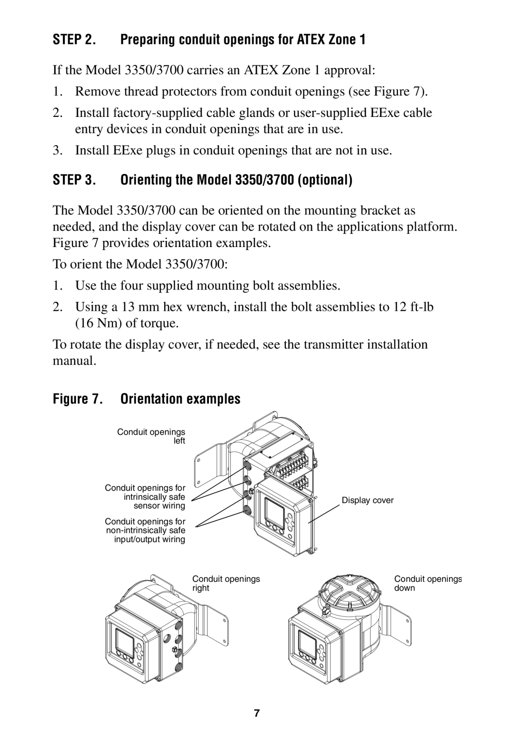 Emerson installation instructions Preparing conduit openings for Atex Zone, Orienting the Model 3350/3700 optional 