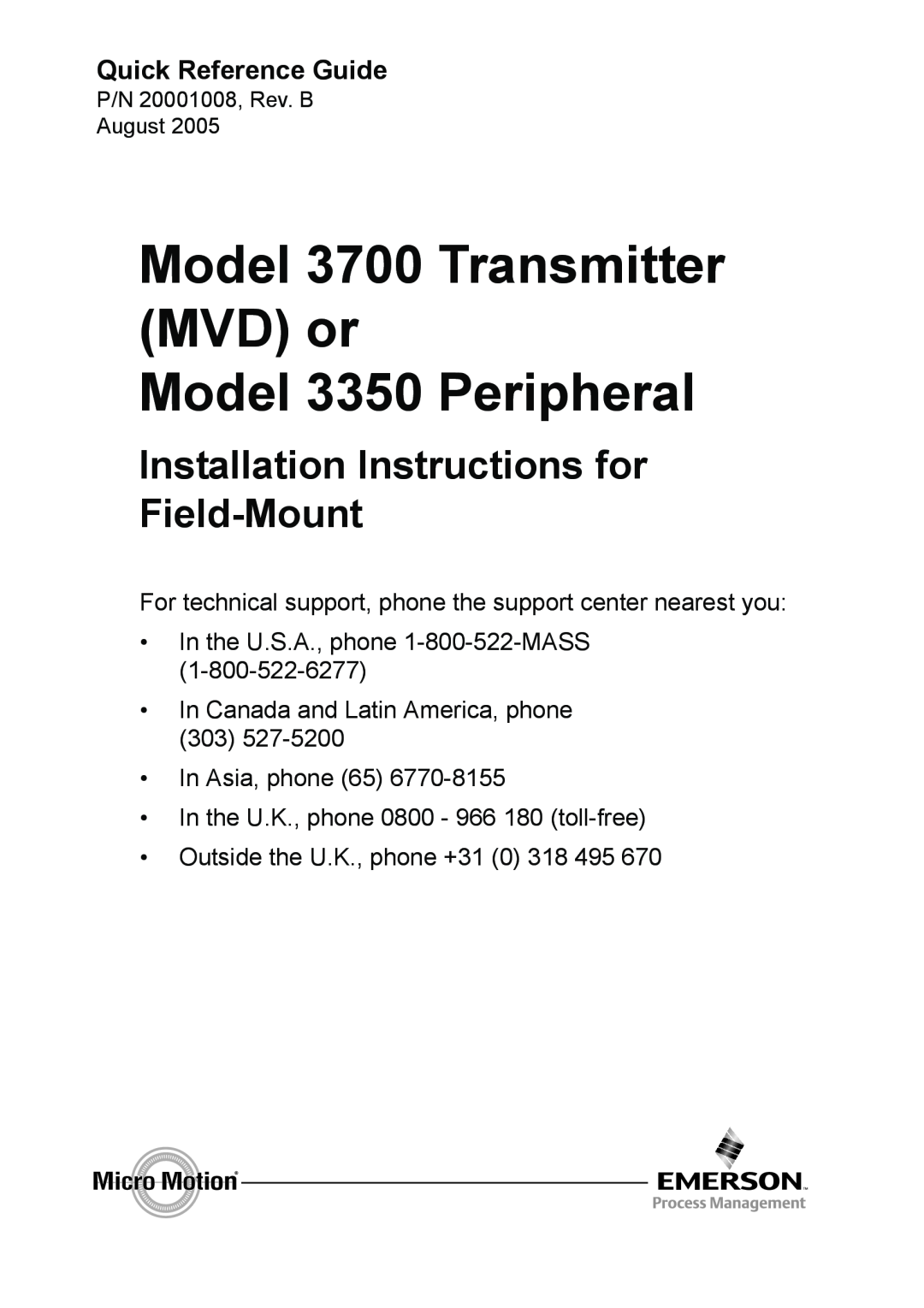 Emerson installation instructions Model 3700 Transmitter MVD or, Model 3350 Peripheral, Quick Reference Guide 