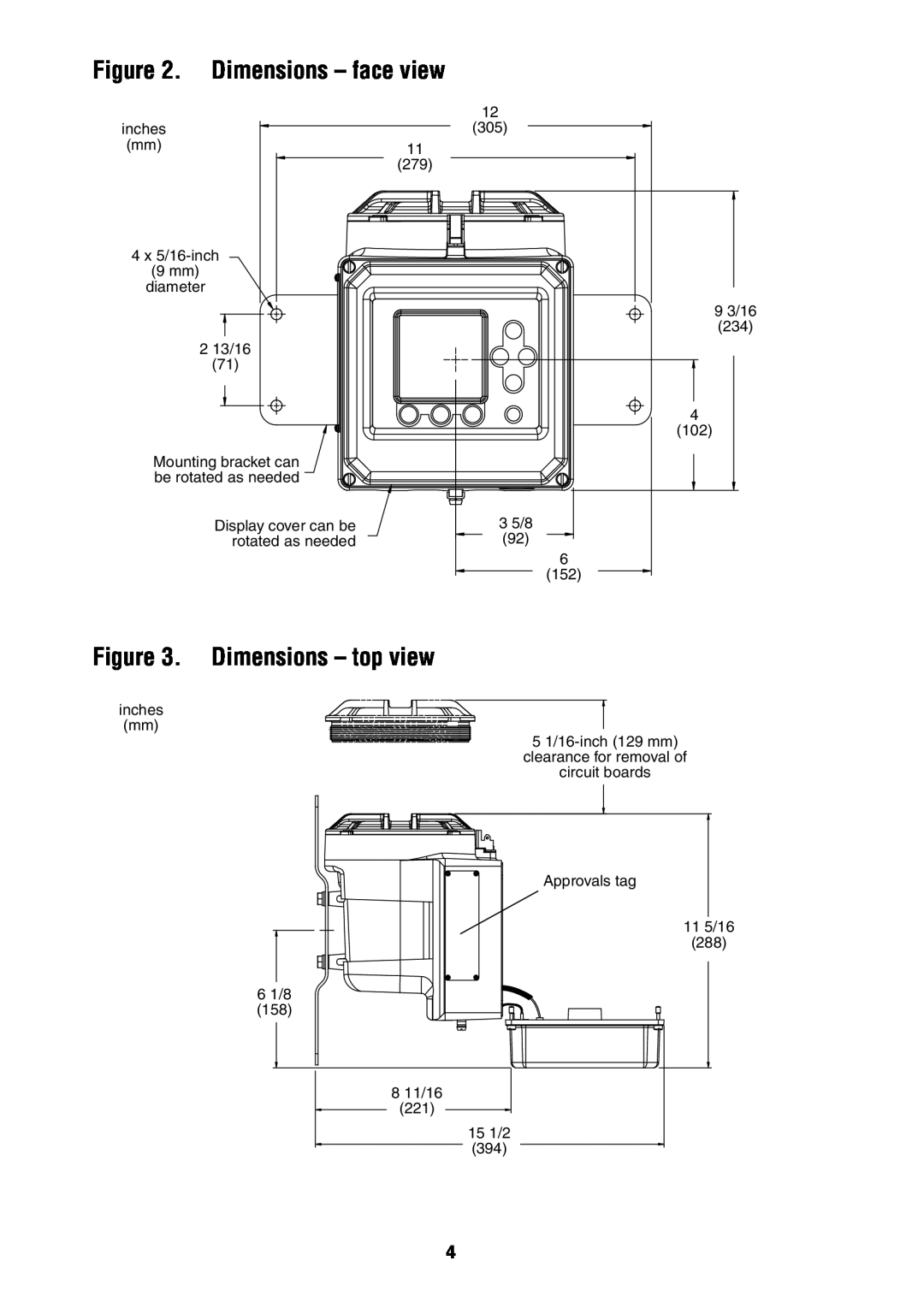 Emerson 3350, 3700 installation instructions Dimensions - face view, Dimensions - top view 
