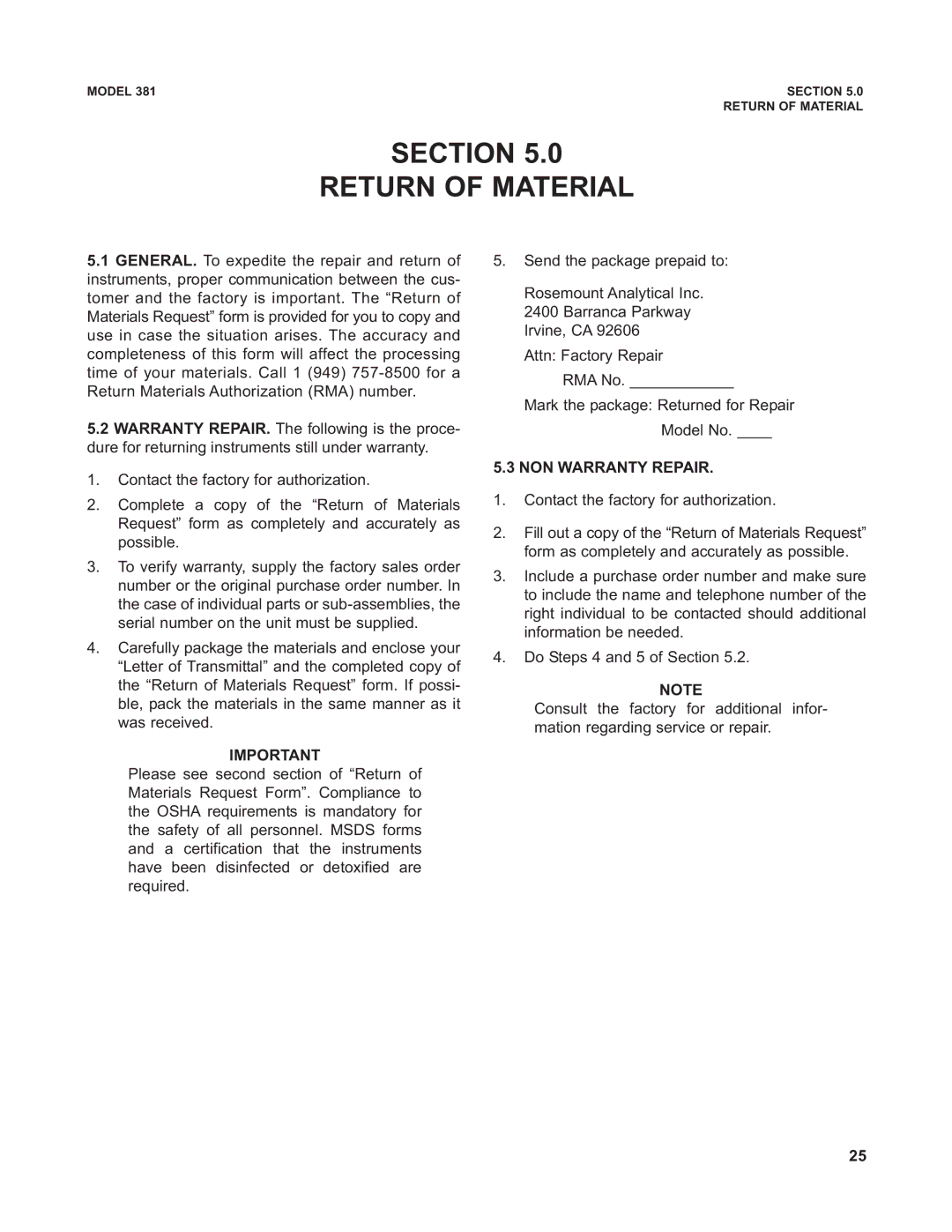 Emerson 381 instruction manual Section Return of Material, NON Warranty Repair 