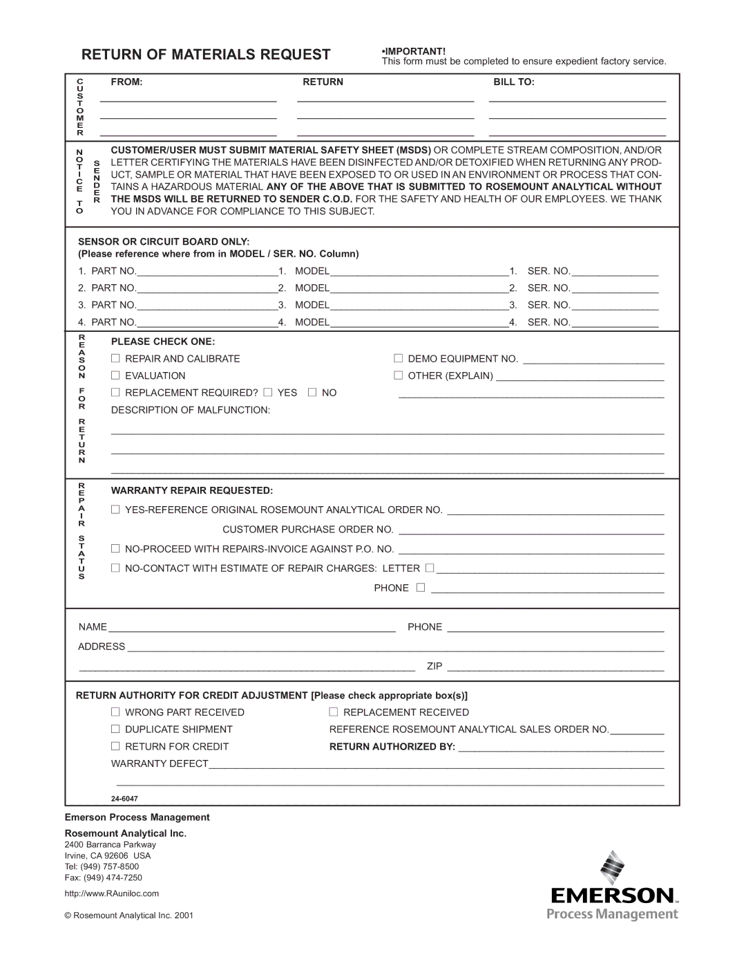 Emerson 381 instruction manual Return of Materials Request 