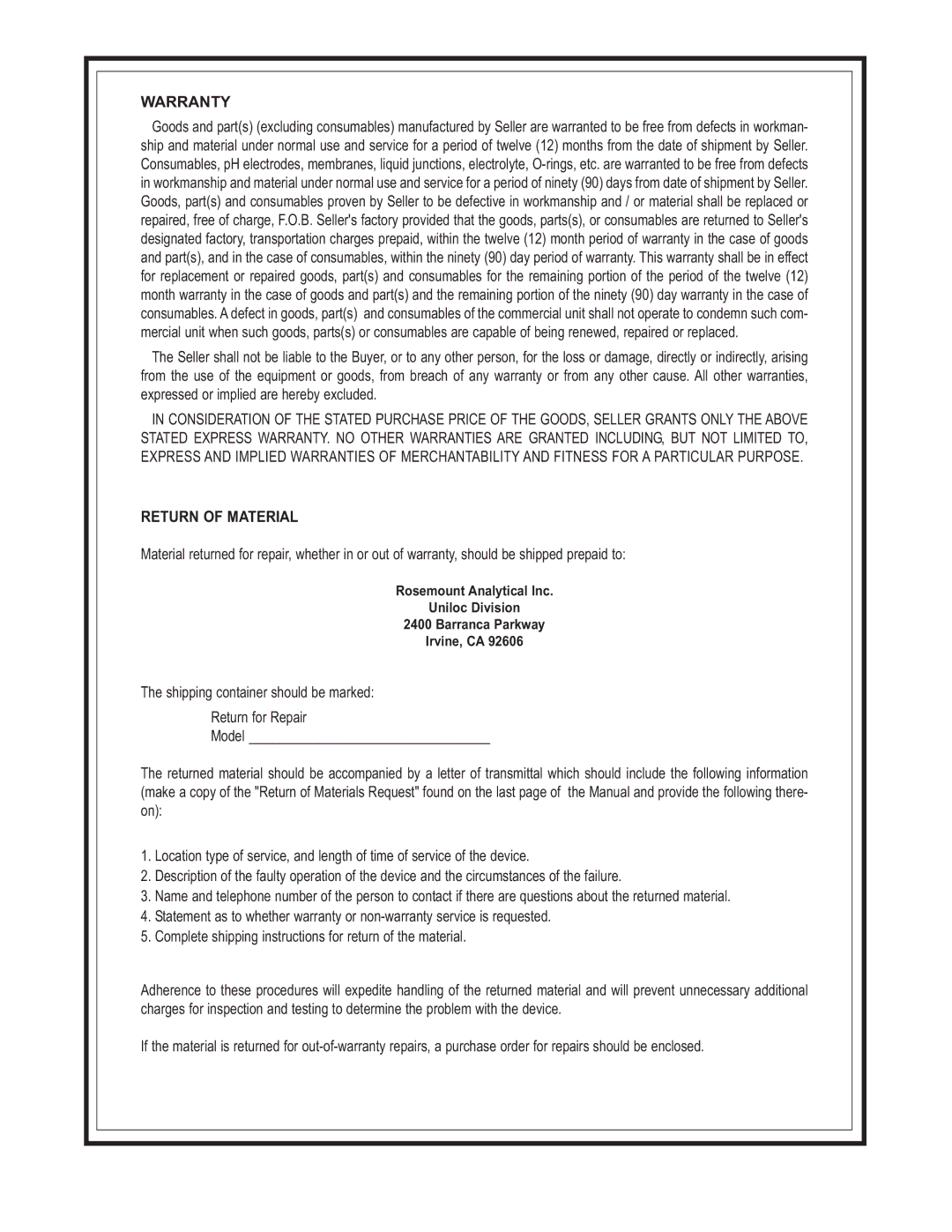 Emerson 381 instruction manual Warranty, Return of Material 