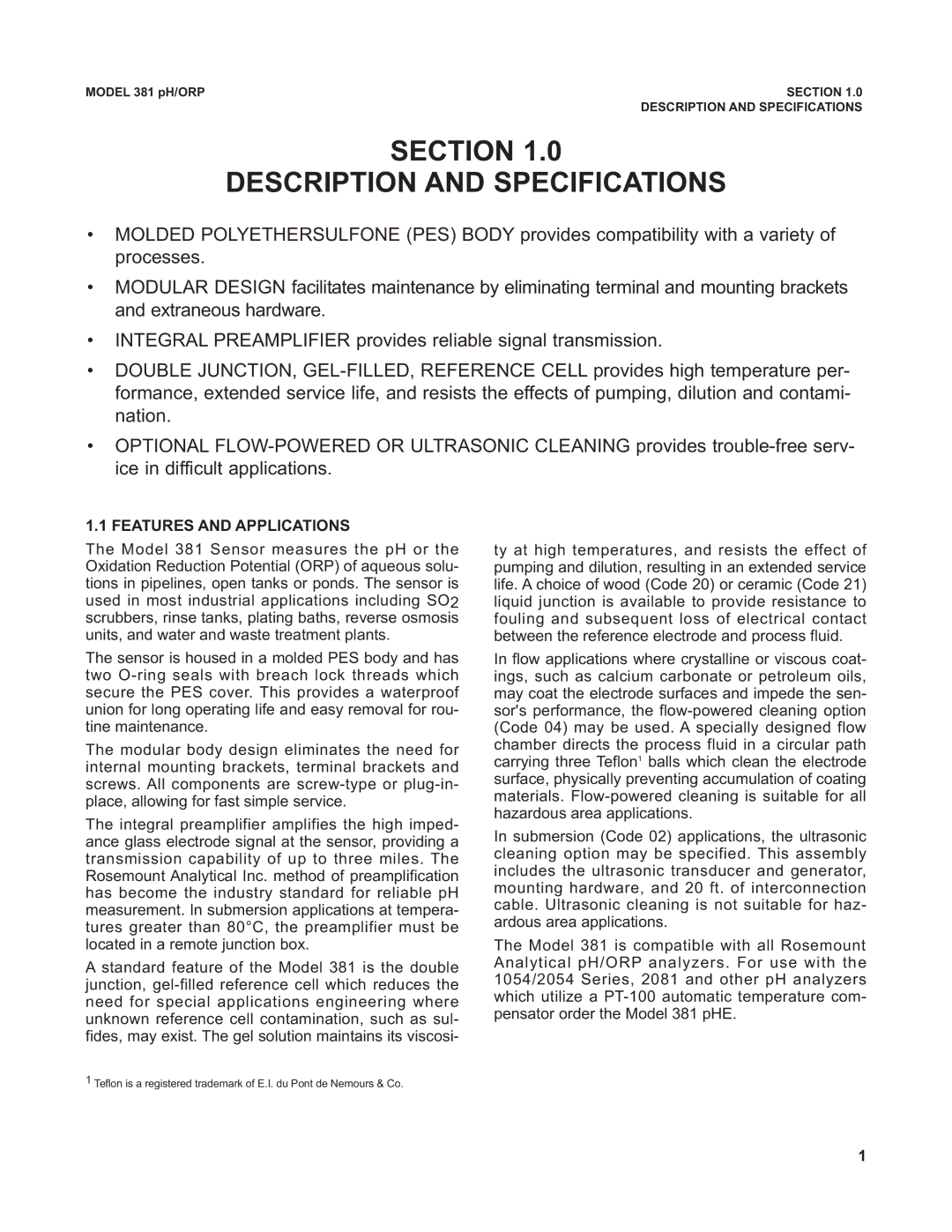 Emerson 381 instruction manual Section Description and Specifications, Features and Applications 