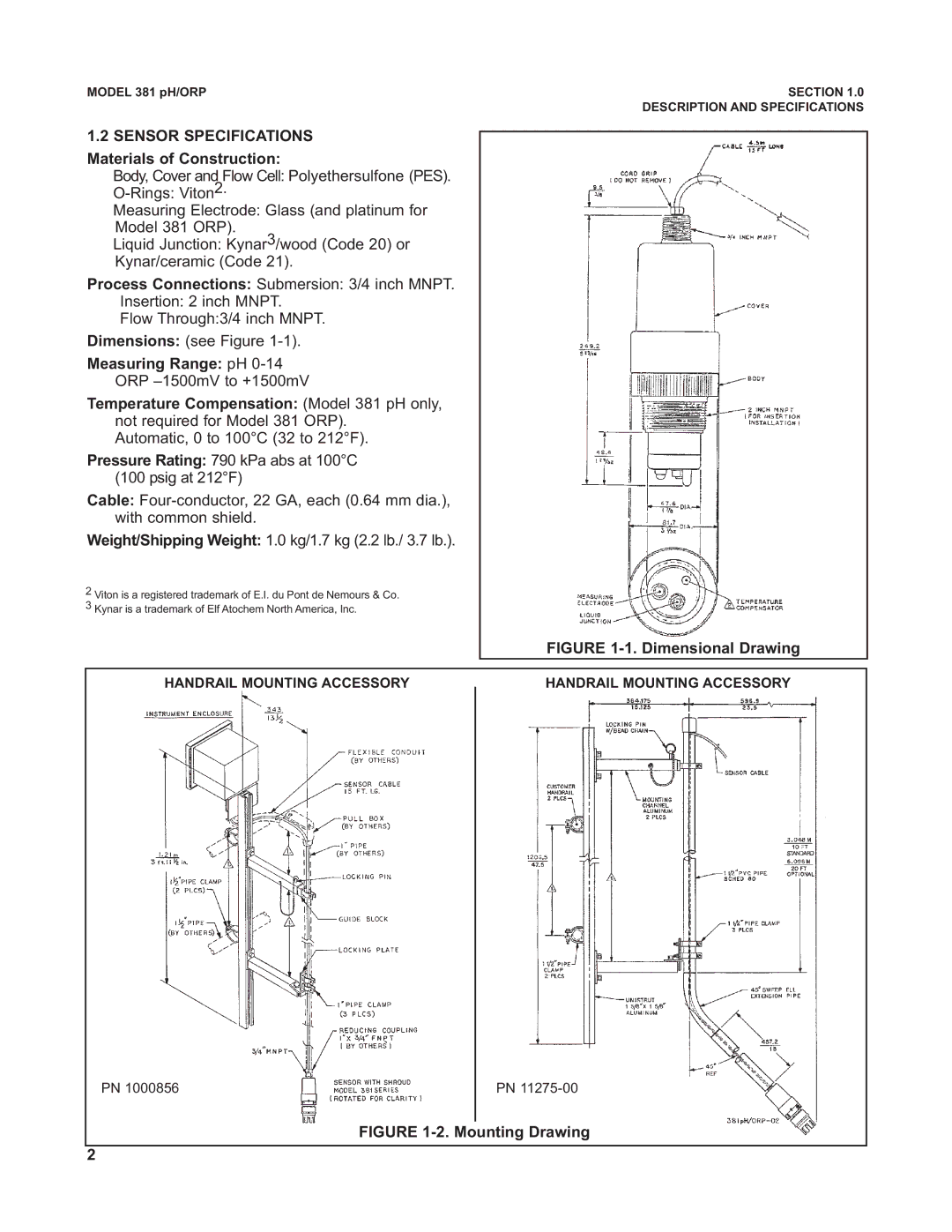 Emerson 381 instruction manual Sensor Specifications, Materials of Construction, Measuring Range pH 