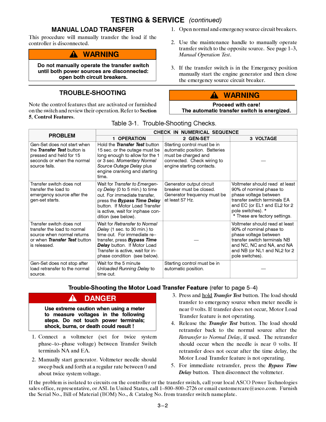 Emerson 381333122 E manual Testing & Service, Manual Load Transfer, Trouble-Shooting 