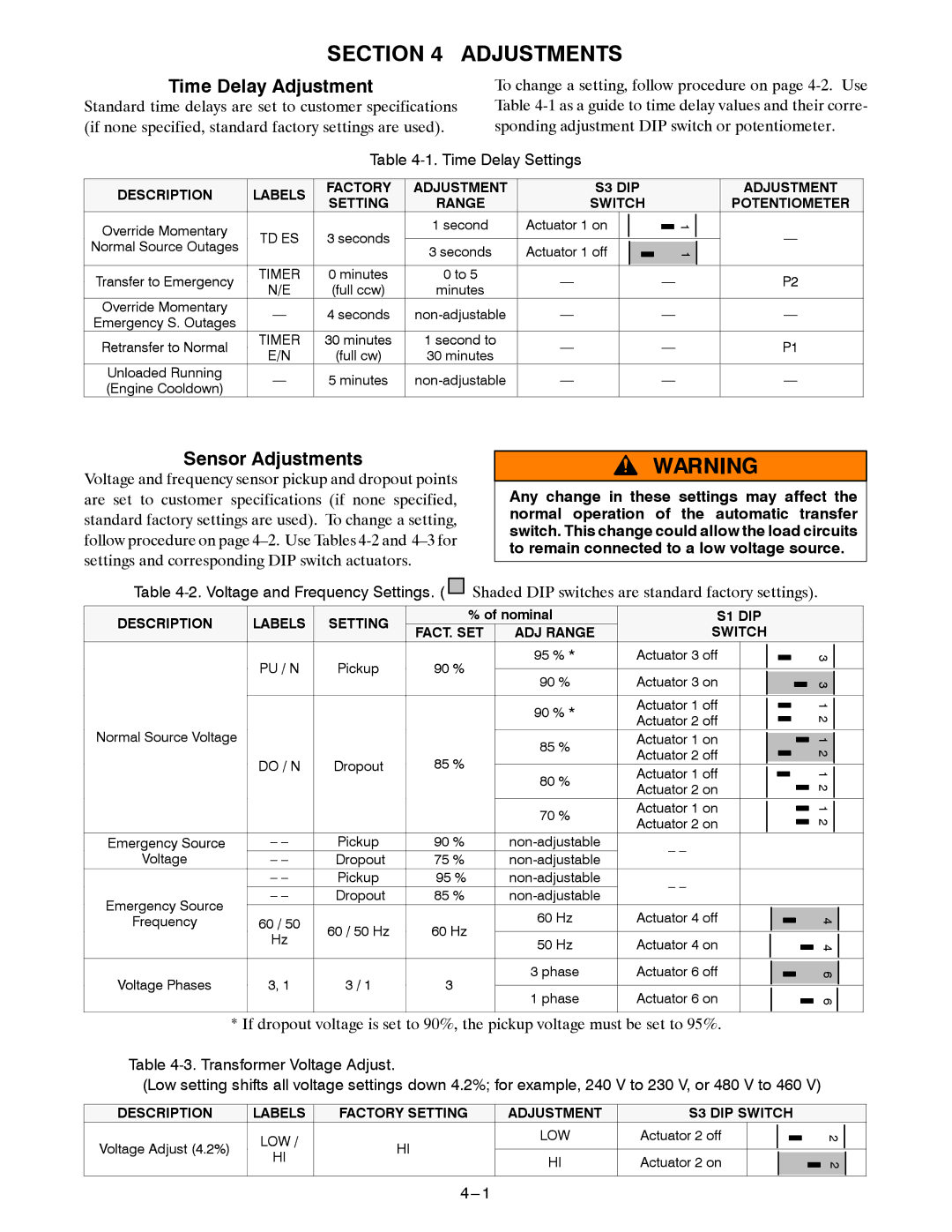 Emerson 381333122 E manual Time Delay Adjustment, Sensor Adjustments, Time Delay Settings 