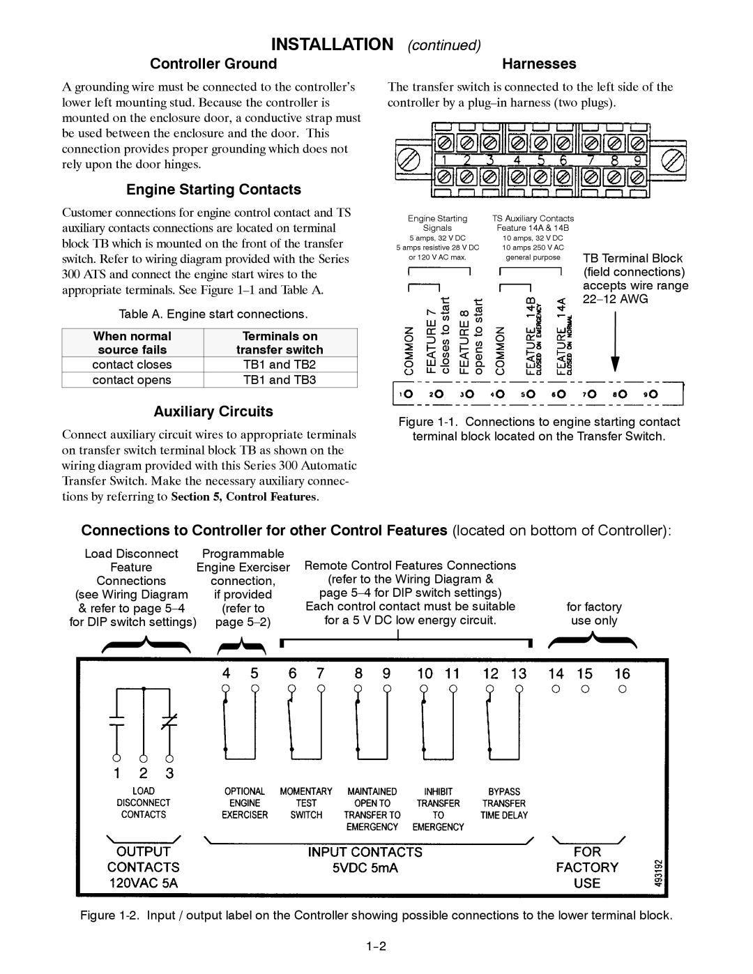 Emerson 381333122 E manual Controller Ground, Engine Starting Contacts, Auxiliary Circuits, Source fails Transfer switch 