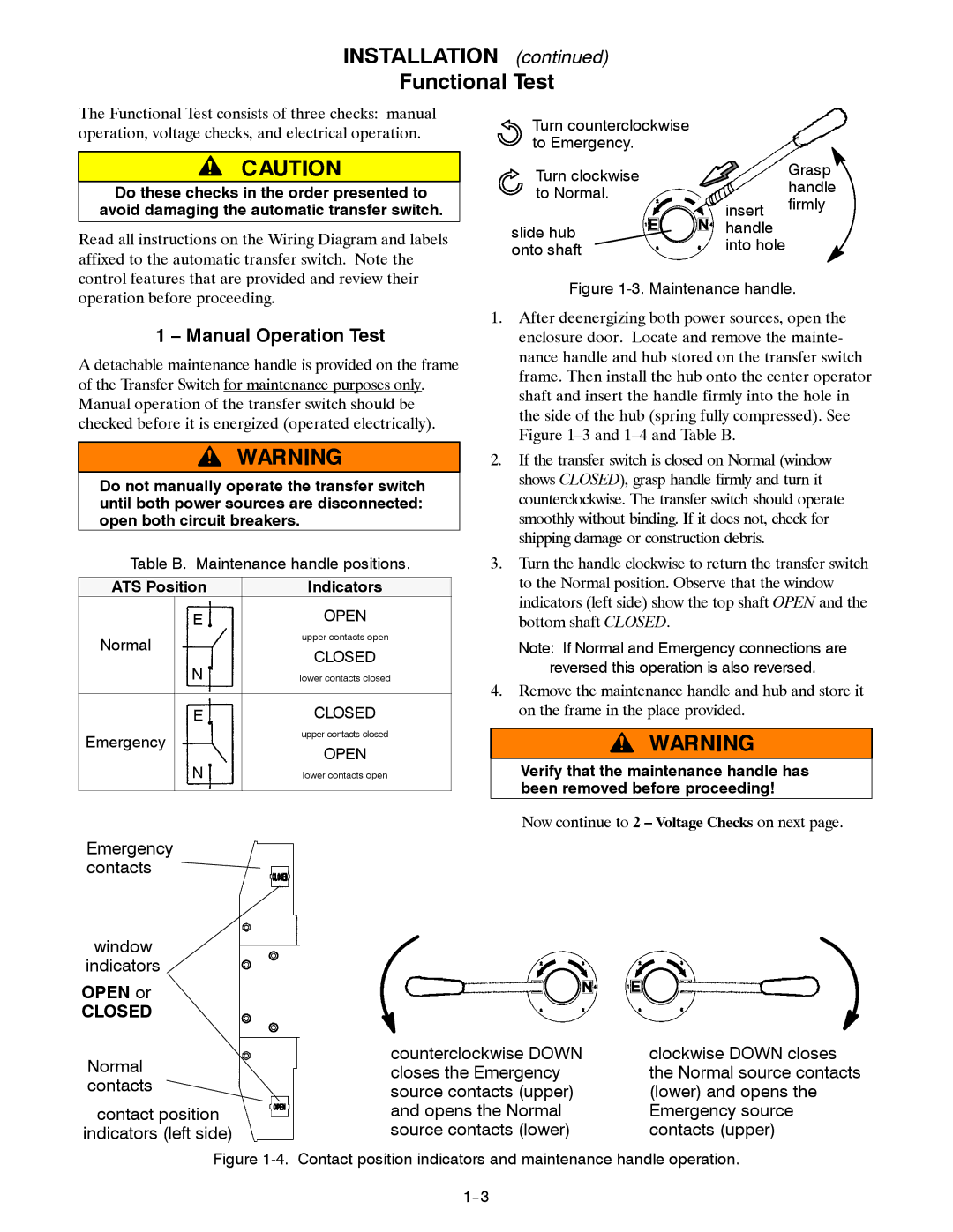 Emerson 381333122 E manual Installation Functional Test, Manual Operation Test, ATS Position Indicators 