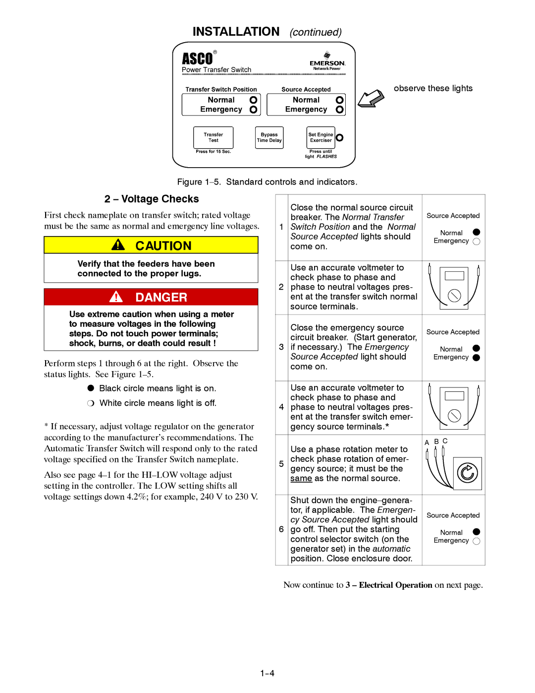 Emerson 381333122 E manual Installation, Voltage Checks 