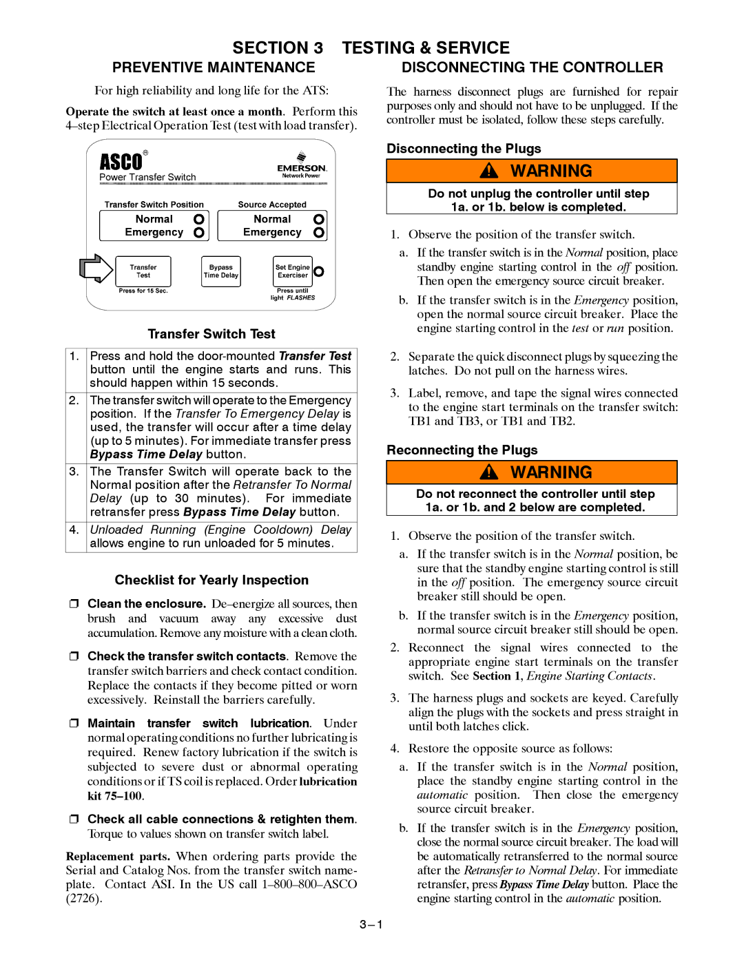 Emerson 381333122 E manual Testing & Service, Preventive Maintenance, Disconnecting the Controller 