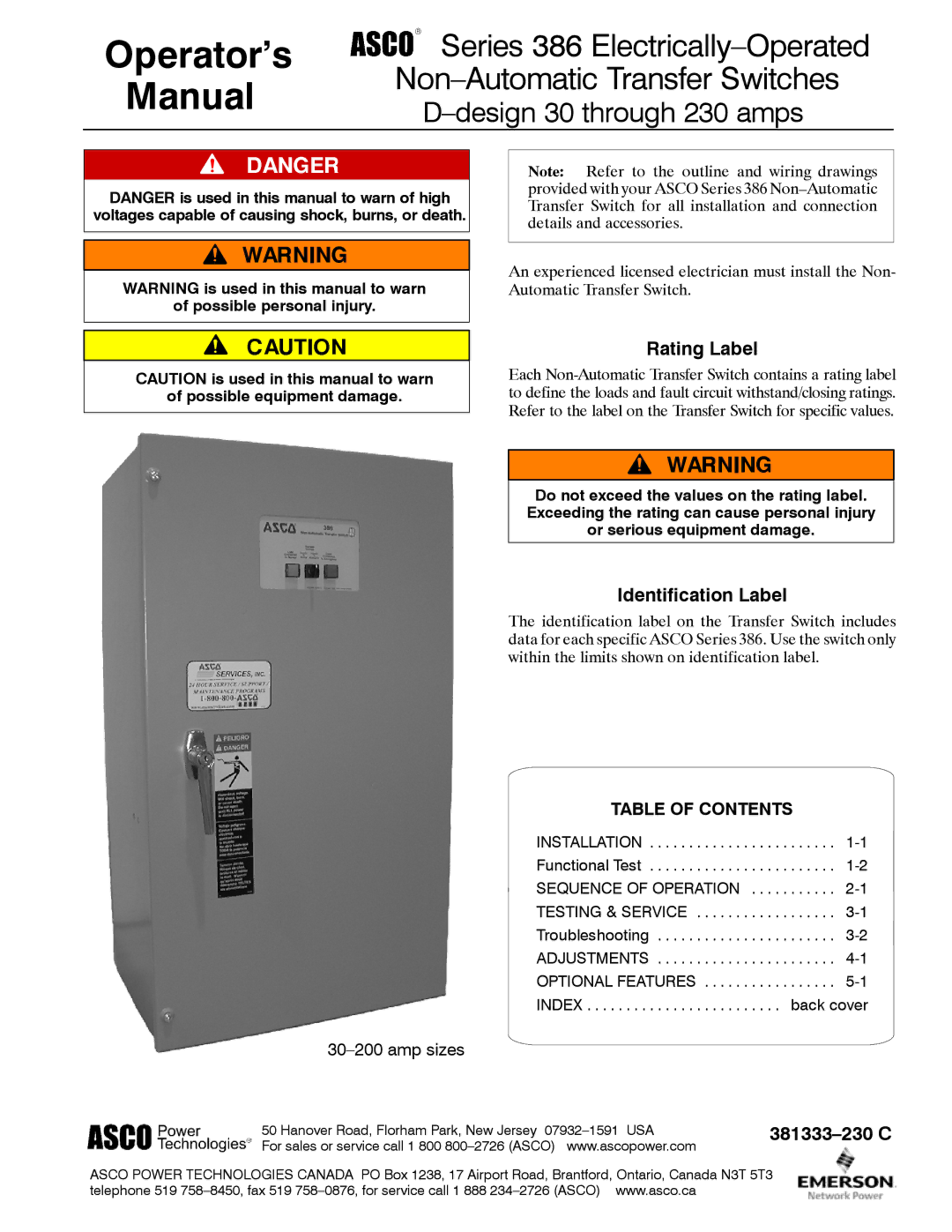 Emerson 381333230 manual Rating Label, Identification Label, Table of Contents 