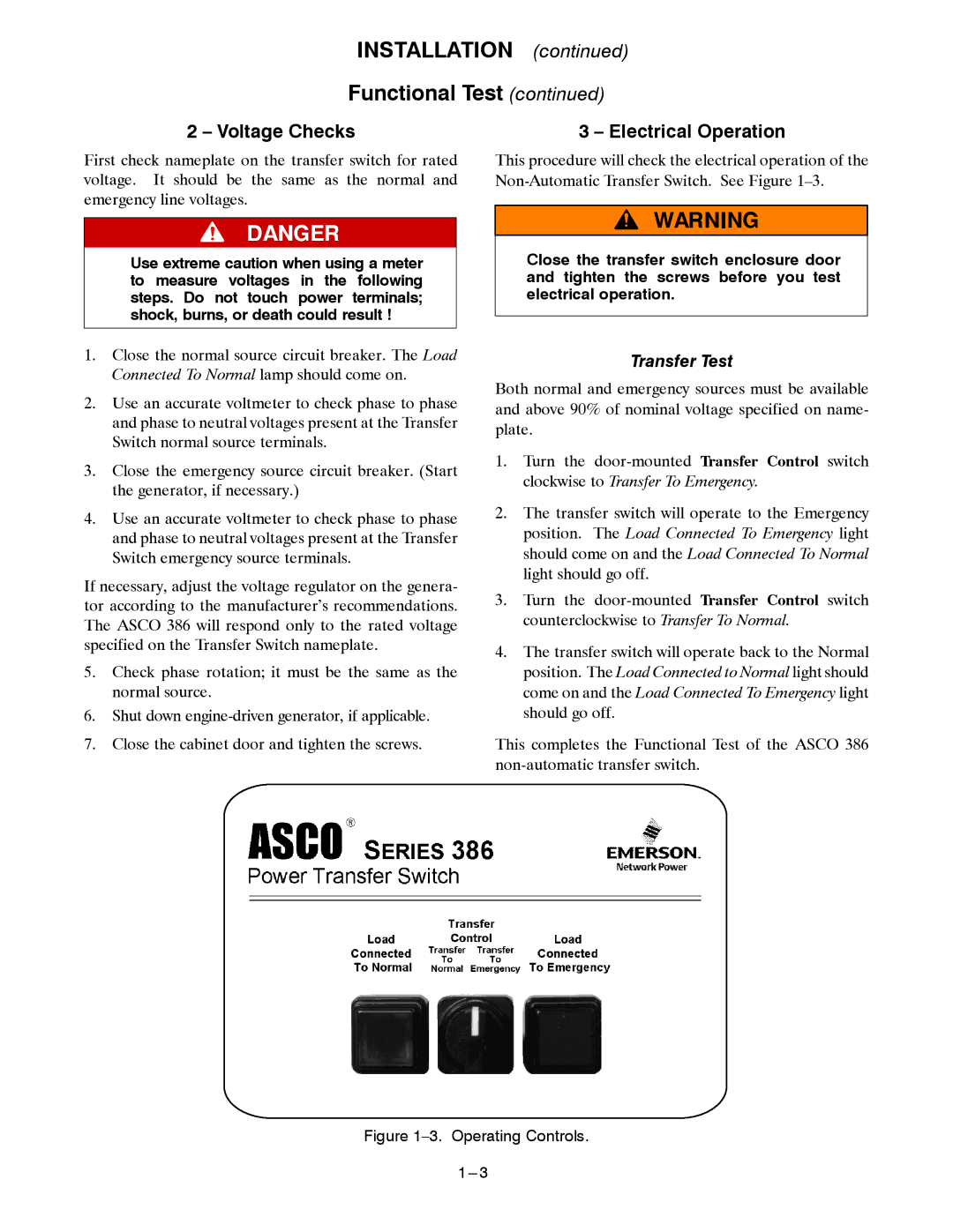 Emerson 381333230 manual Voltage Checks, Electrical Operation 