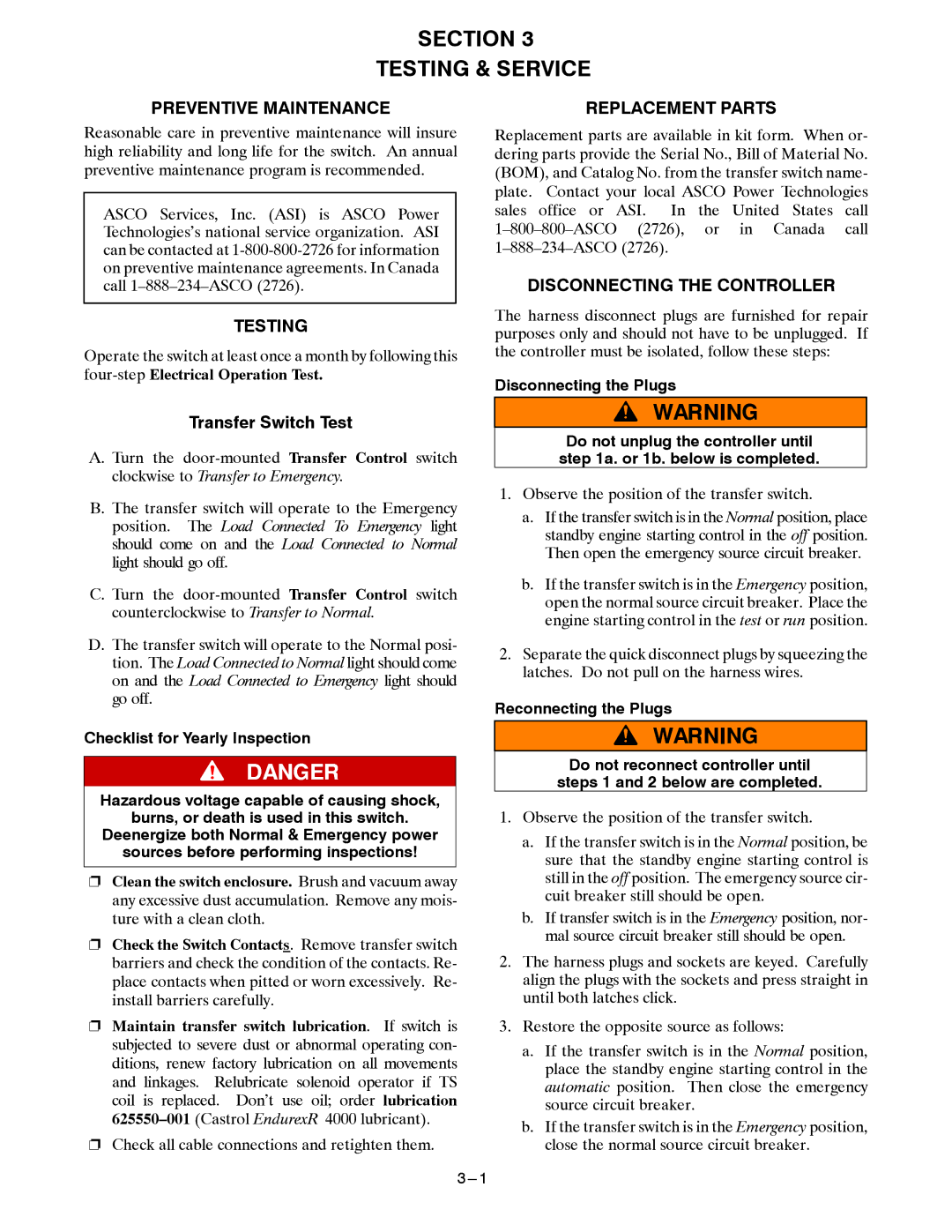 Emerson 381333230 manual Section Testing & Service, Preventive Maintenance, Replacement Parts, Disconnecting the Controller 