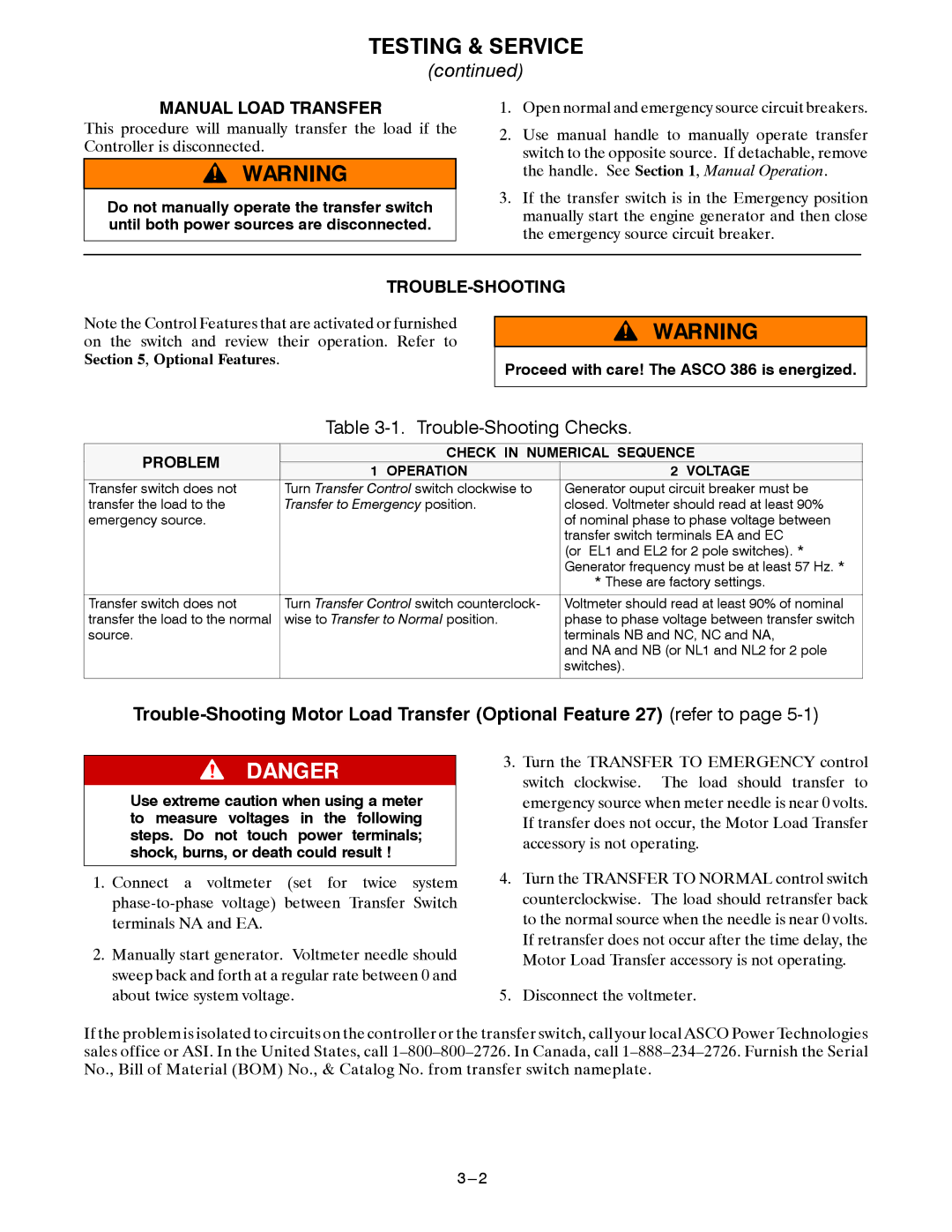 Emerson 381333230 manual Manual Load Transfer, Trouble-Shooting 