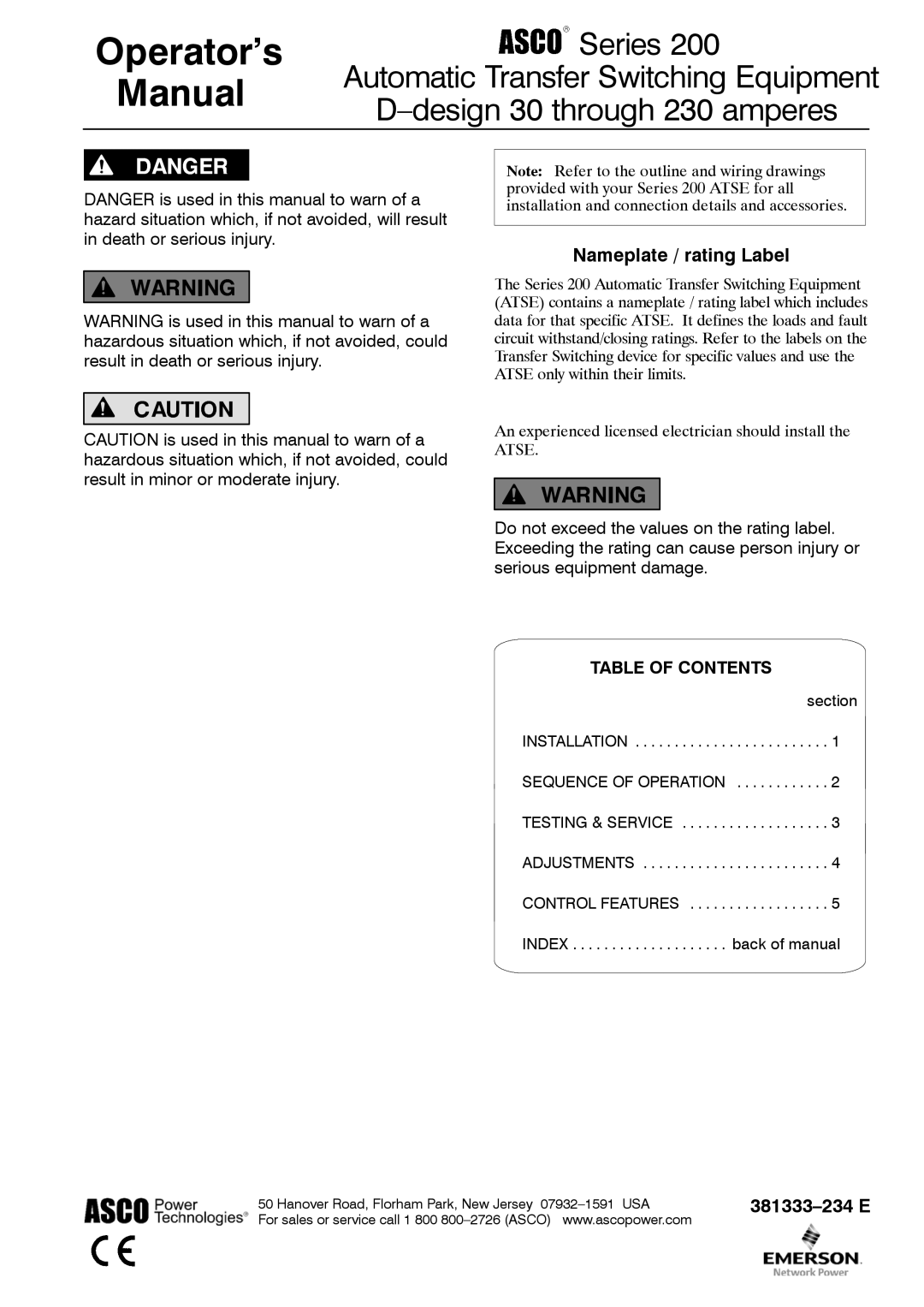 Emerson 381333234 E manual Operator’s Manual, Nameplate / rating Label 