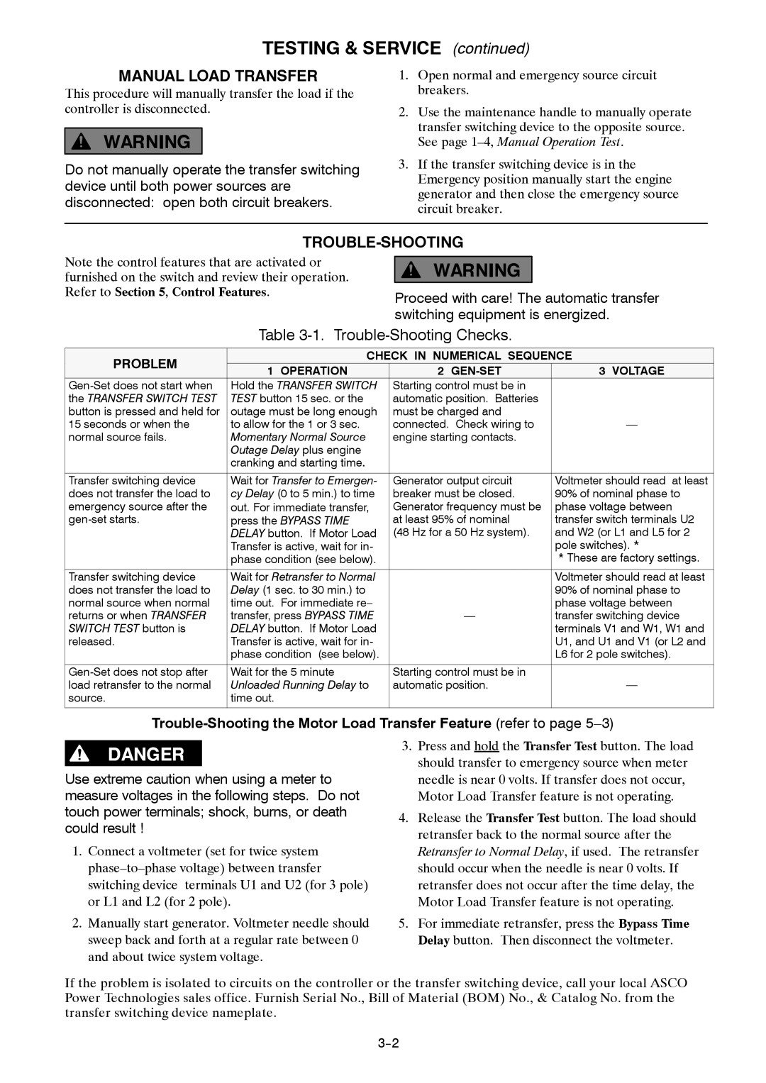 Emerson 381333234 E manual Testing & Service, Manual Load Transfer, Trouble-Shooting, Check in Numerical Sequence 