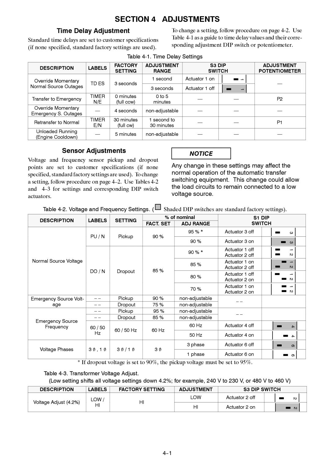 Emerson 381333234 E Time Delay Adjustment, Sensor Adjustments, Time Delay Settings, Voltage and Frequency Settings 