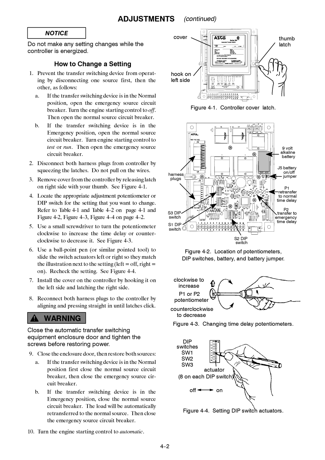 Emerson 381333234 E manual Adjustments, How to Change a Setting, Cover Thumb Latch Hook on left side, Switches 