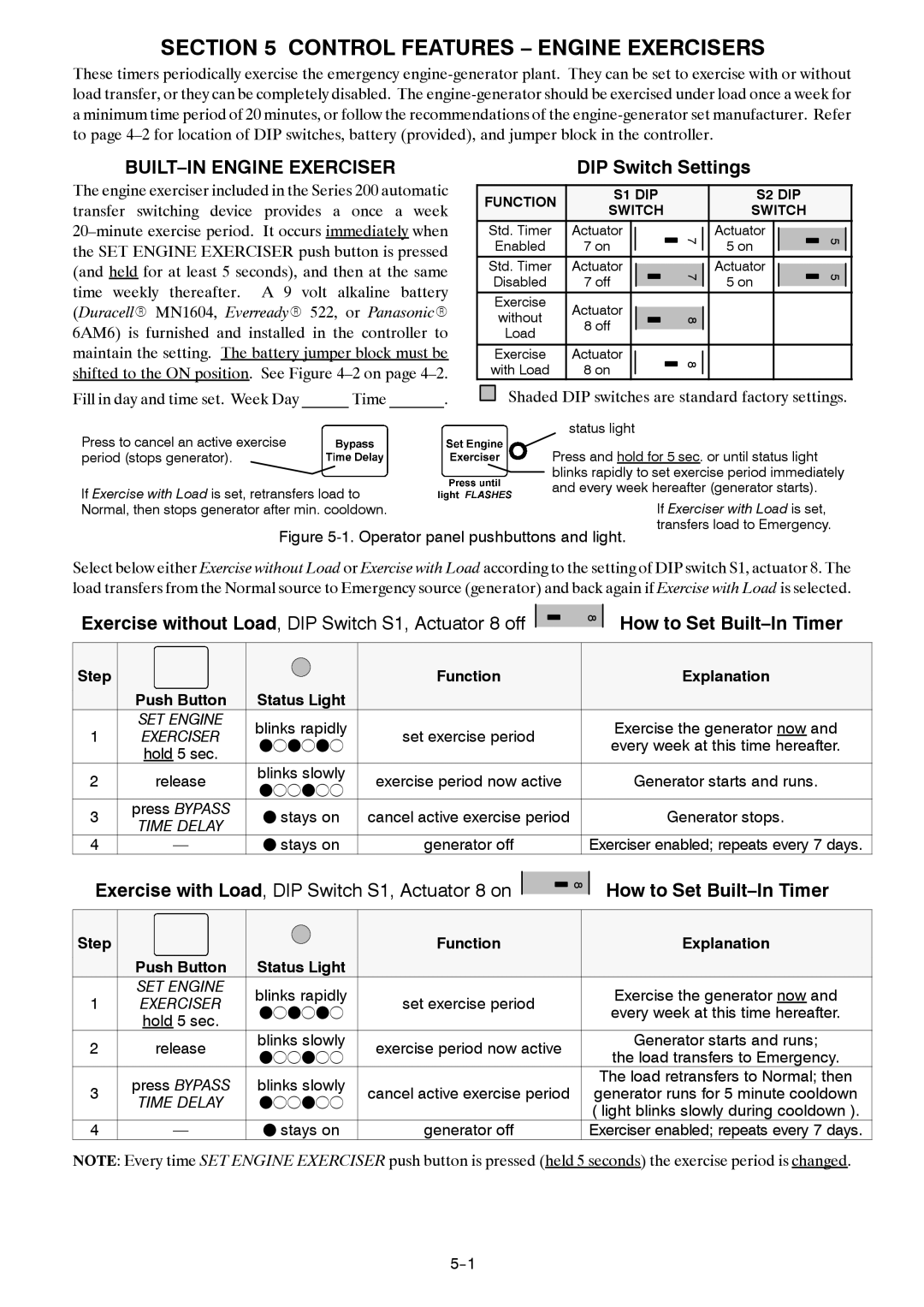 Emerson 381333234 E manual Control Features Engine Exercisers, BUILT-IN Engine Exerciser, DIP Switch Settings 