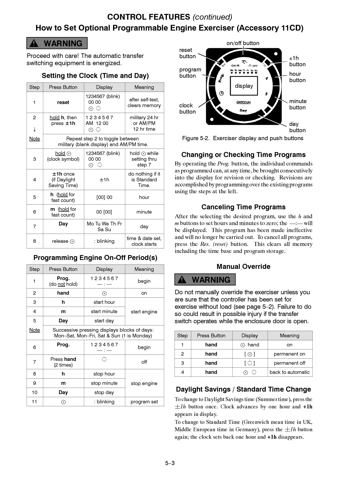 Emerson 381333234 E Setting the Clock Time and Day, Programming Engine On-Off Periods, Changing or Checking Time Programs 