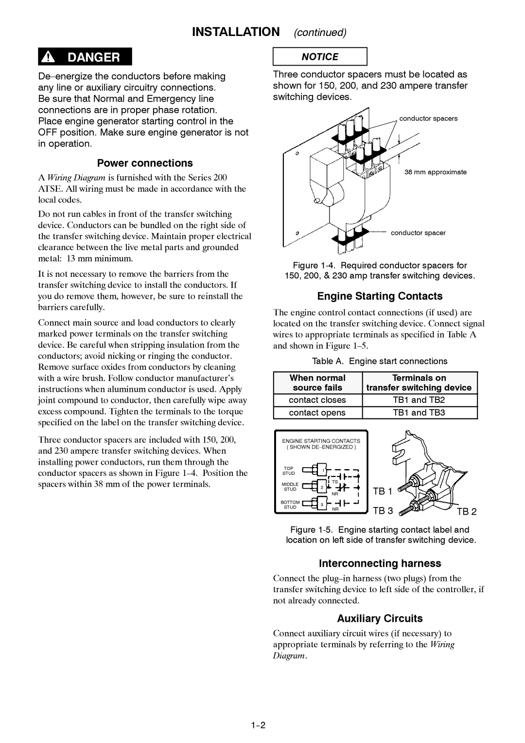 Emerson 381333234 E Installation, Power connections, Engine Starting Contacts, Interconnecting harness, Auxiliary Circuits 