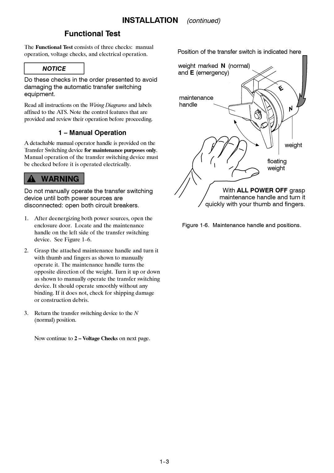 Emerson 381333234 E manual Installation Functional Test, Manual Operation 