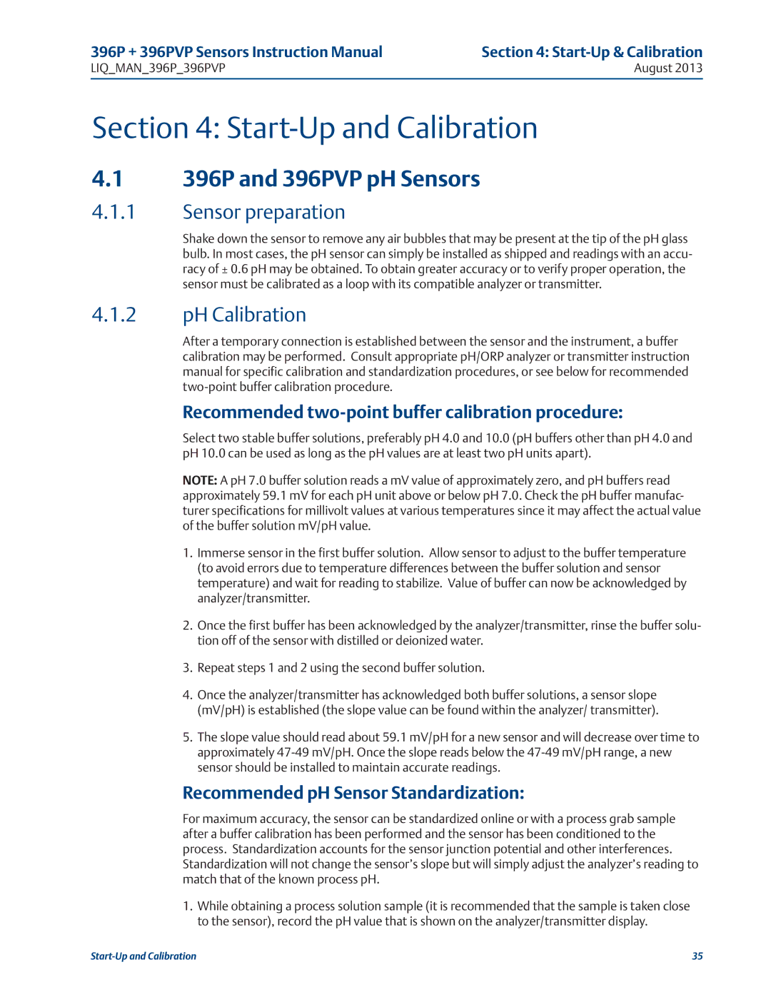 Emerson instruction manual Start-Up and Calibration, 396P and 396PVP pH Sensors 