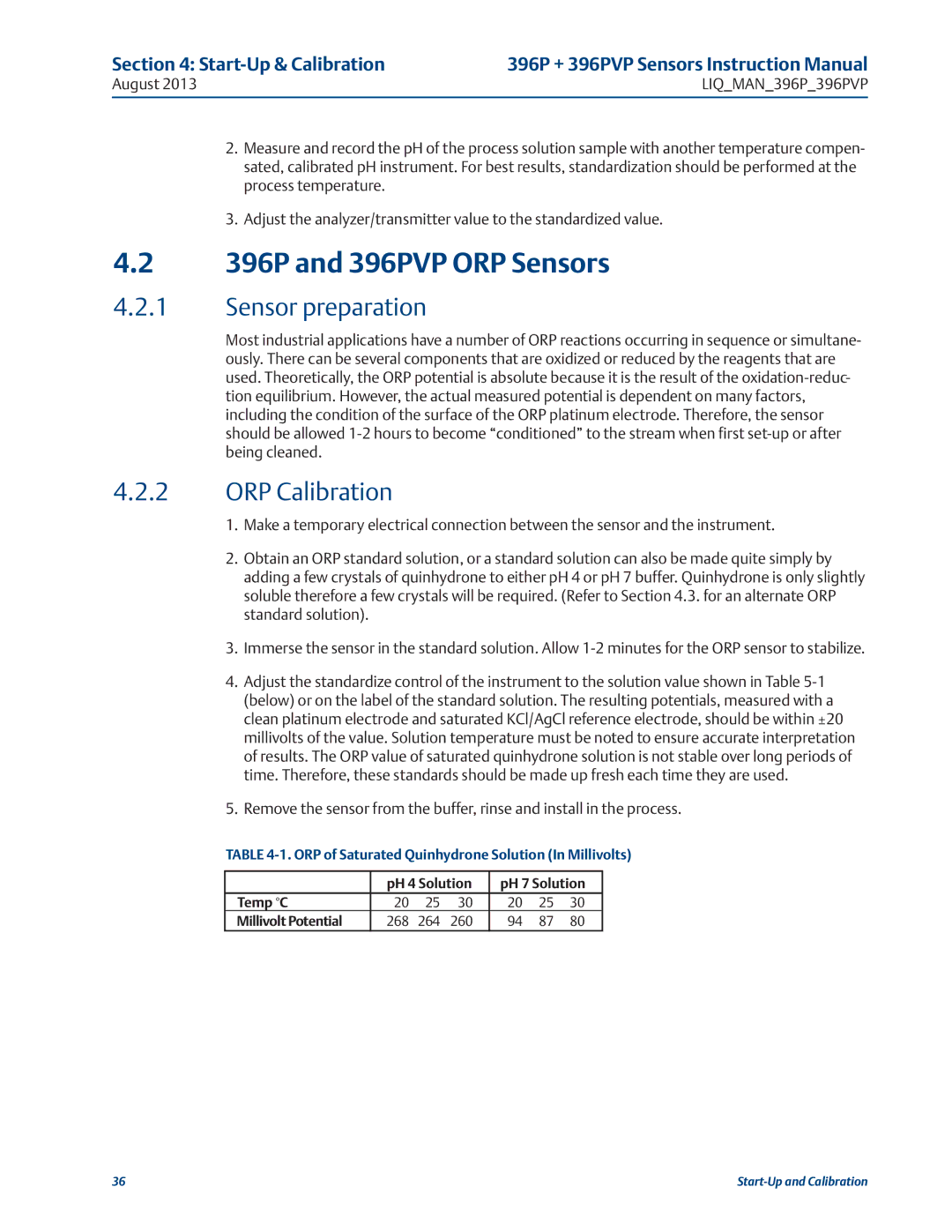 Emerson instruction manual 396P and 396PVP ORP Sensors, Start-Up & Calibration 