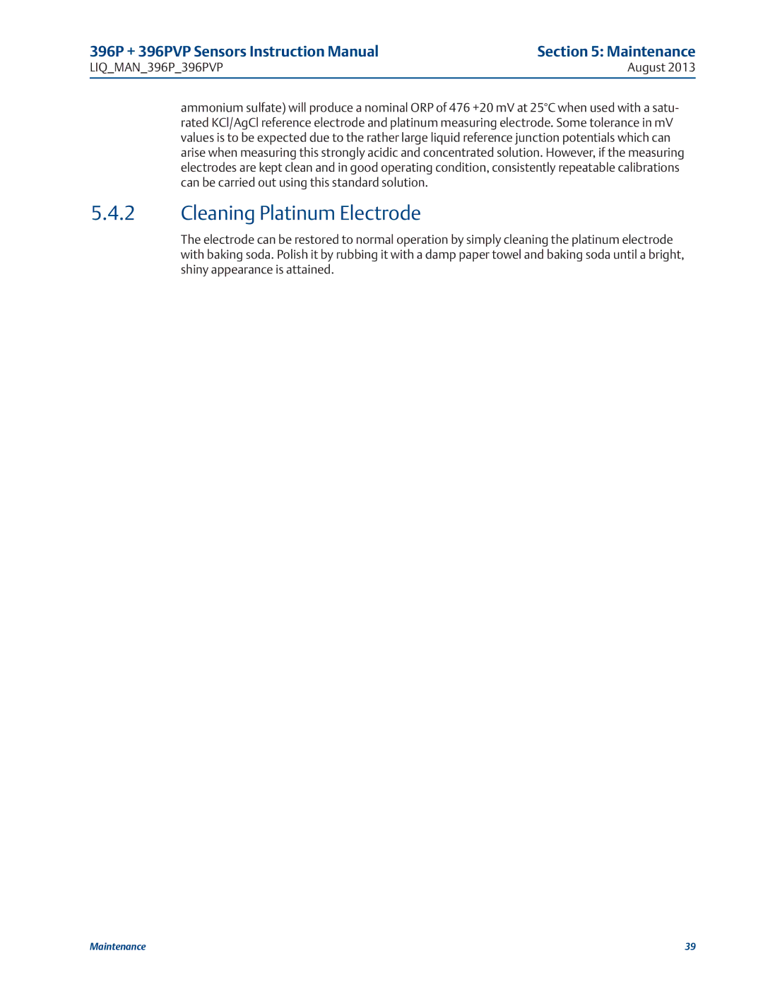 Emerson 396PVP instruction manual Cleaning Platinum Electrode 