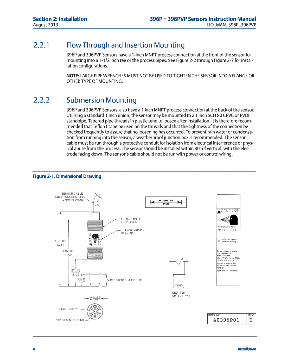 Emerson 396PVP 2.2.1Flow Through and Insertion Mounting, 2.2.2Submersion Mounting, Installation, 40396P01 