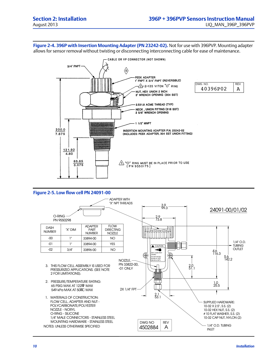 Emerson instruction manual 40396P02, 5.Low flow cell PN, Installation, 396P + 396PVP Sensors Instruction Manual 