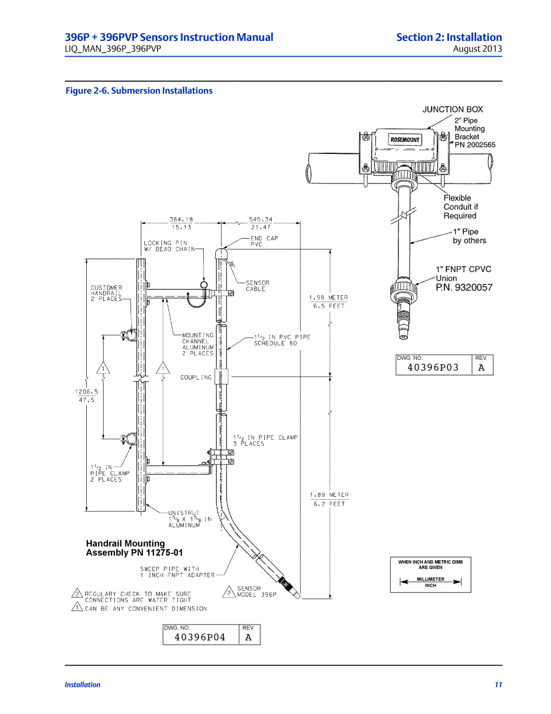 Emerson 40396P03, 40396P04, LIQ MAN 396P 396PVP, August, 6.Submersion Installations, Handrail Mounting assembly pN 