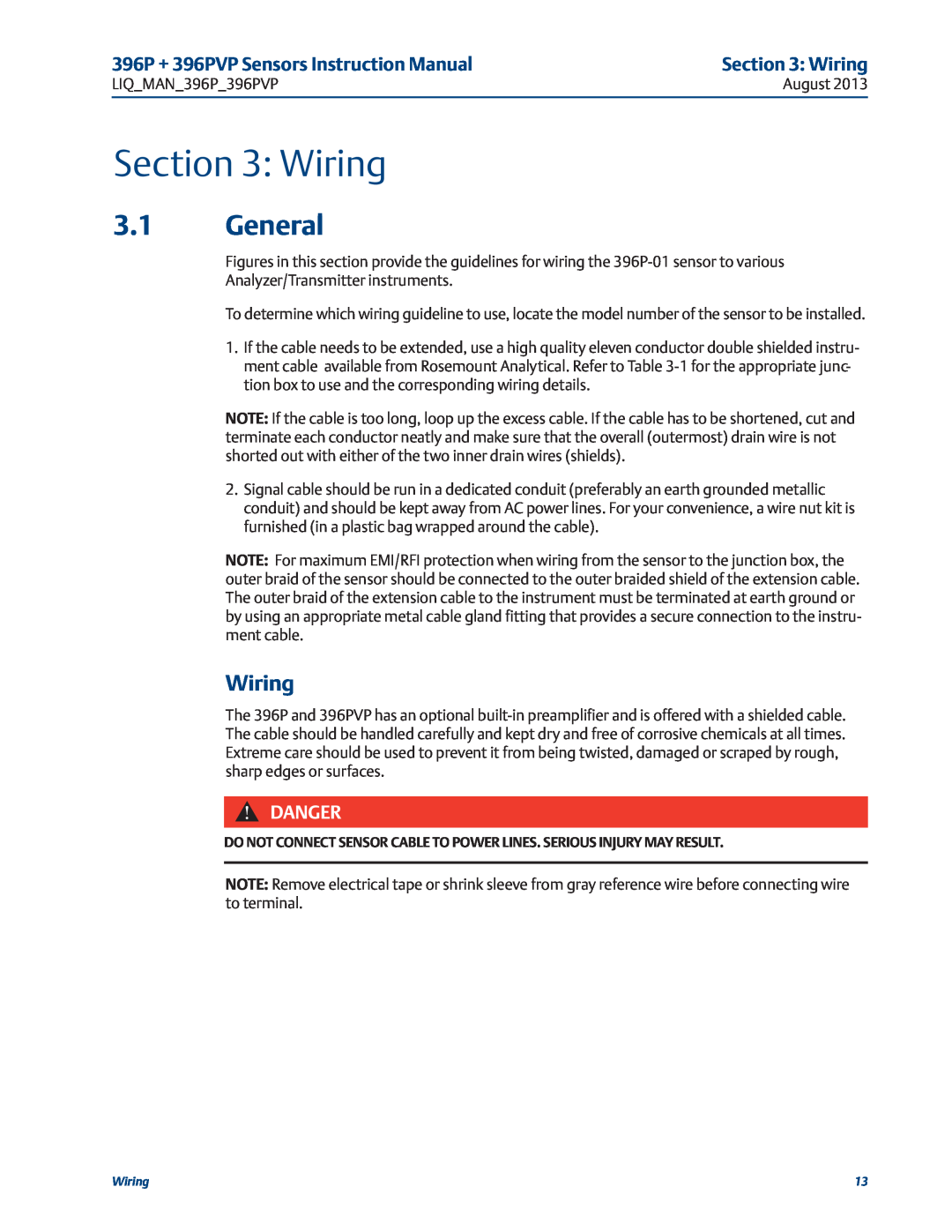 Emerson instruction manual Wiring, 3.1General, Danger, 396P + 396PVP Sensors Instruction Manual 