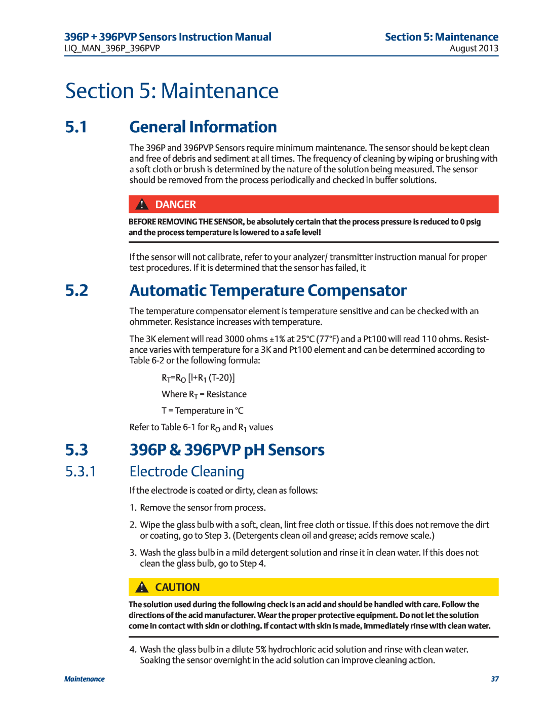 Emerson Maintenance, 5.1General Information, 5.2Automatic Temperature Compensator, 5.3396P & 396PVP pH Sensors, Danger 