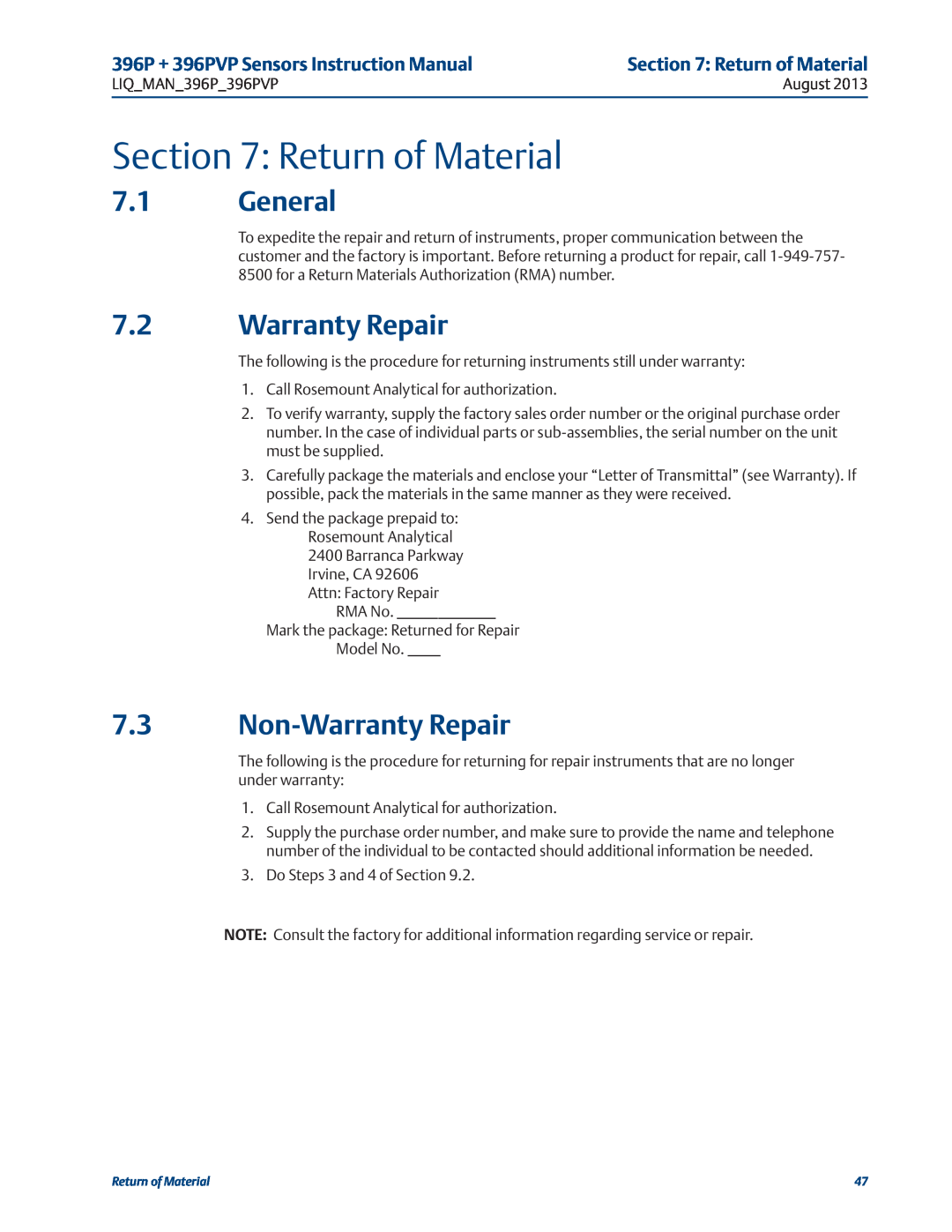 Emerson 396PVP instruction manual Return of Material, 7.1General, 7.2Warranty Repair, 7.3Non-WarrantyRepair 