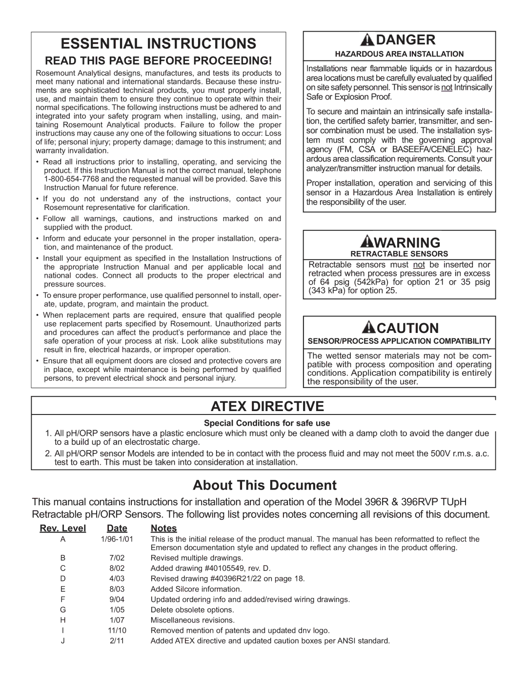 Emerson 396RVP instruction manual Essential Instructions, Special Conditions for safe use 