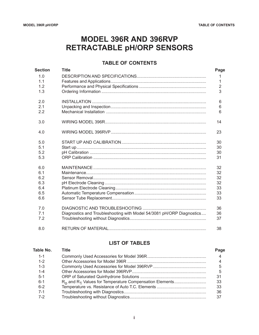 Emerson instruction manual Model 396R and 396RVP, Table of Contents, List of Tables 