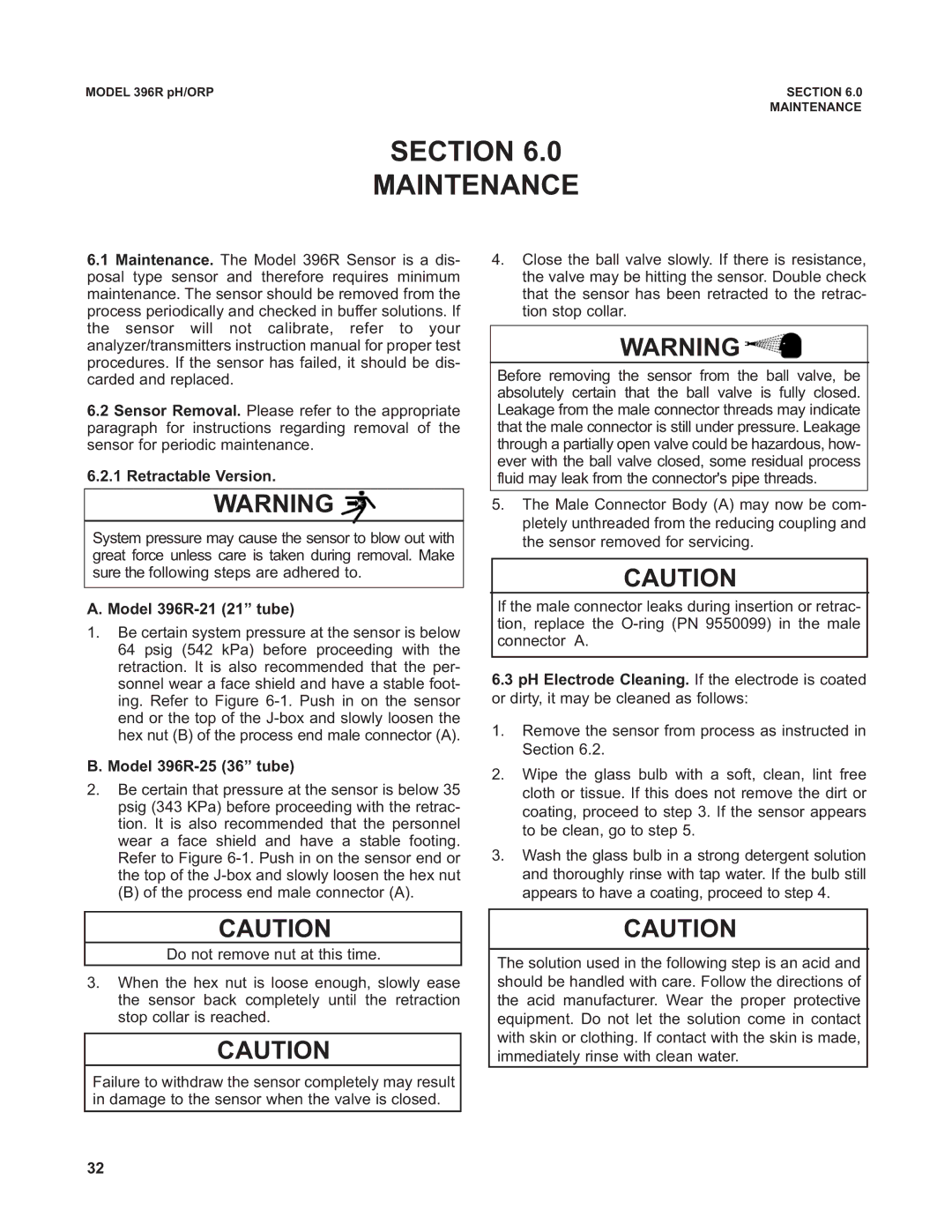 Emerson 396RVP instruction manual Section Maintenance, Retractable Version, Model 396R-21 21 tube, Model 396R-25 36 tube 