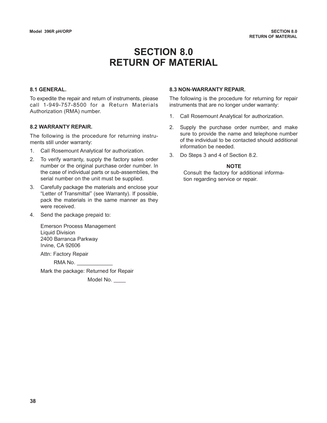 Emerson 396RVP instruction manual Section Return of Material, General, Warranty Repair, NON-WARRANTY Repair 