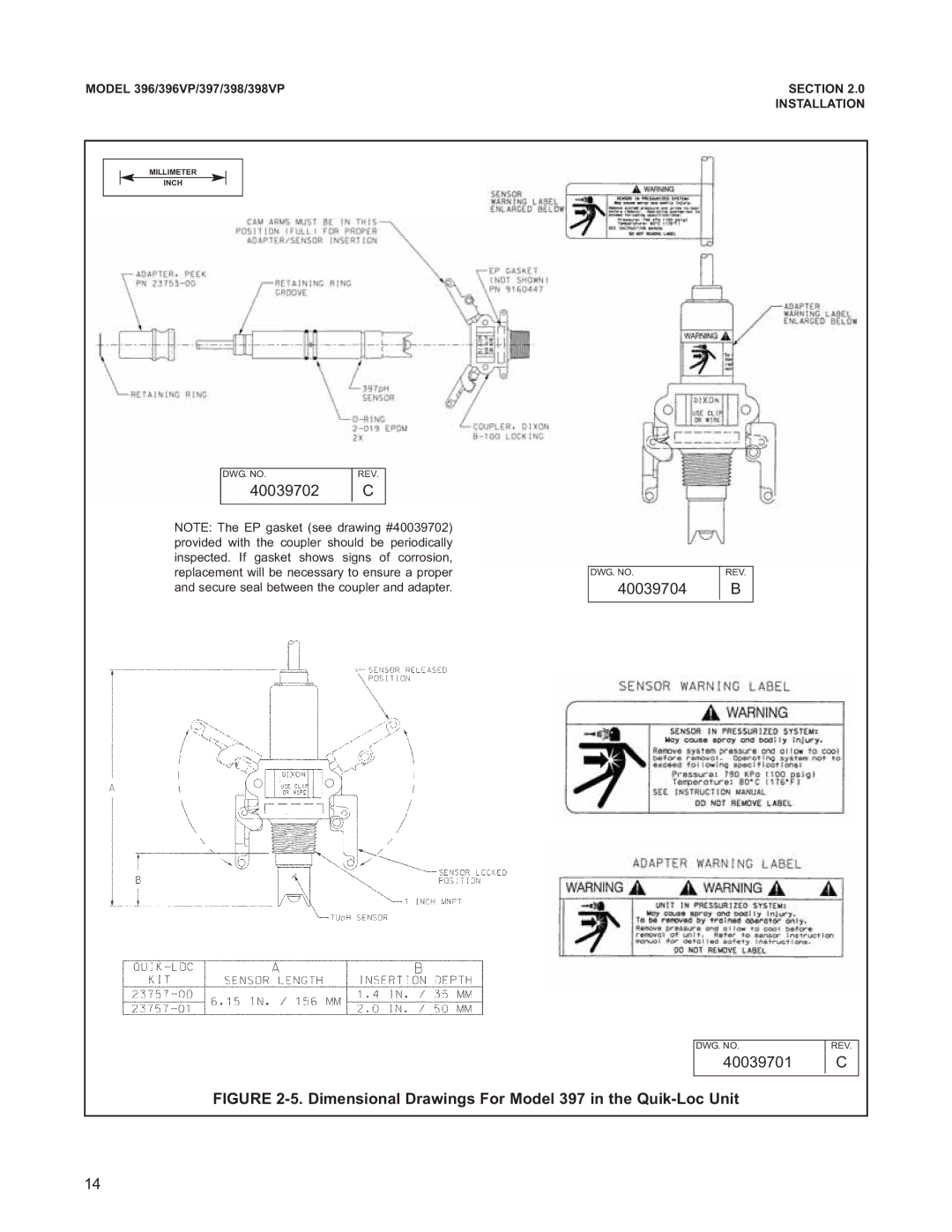 Emerson 398VP, 396VP instruction manual Dimensional Drawings For Model 397 in the Quik-Loc Unit 