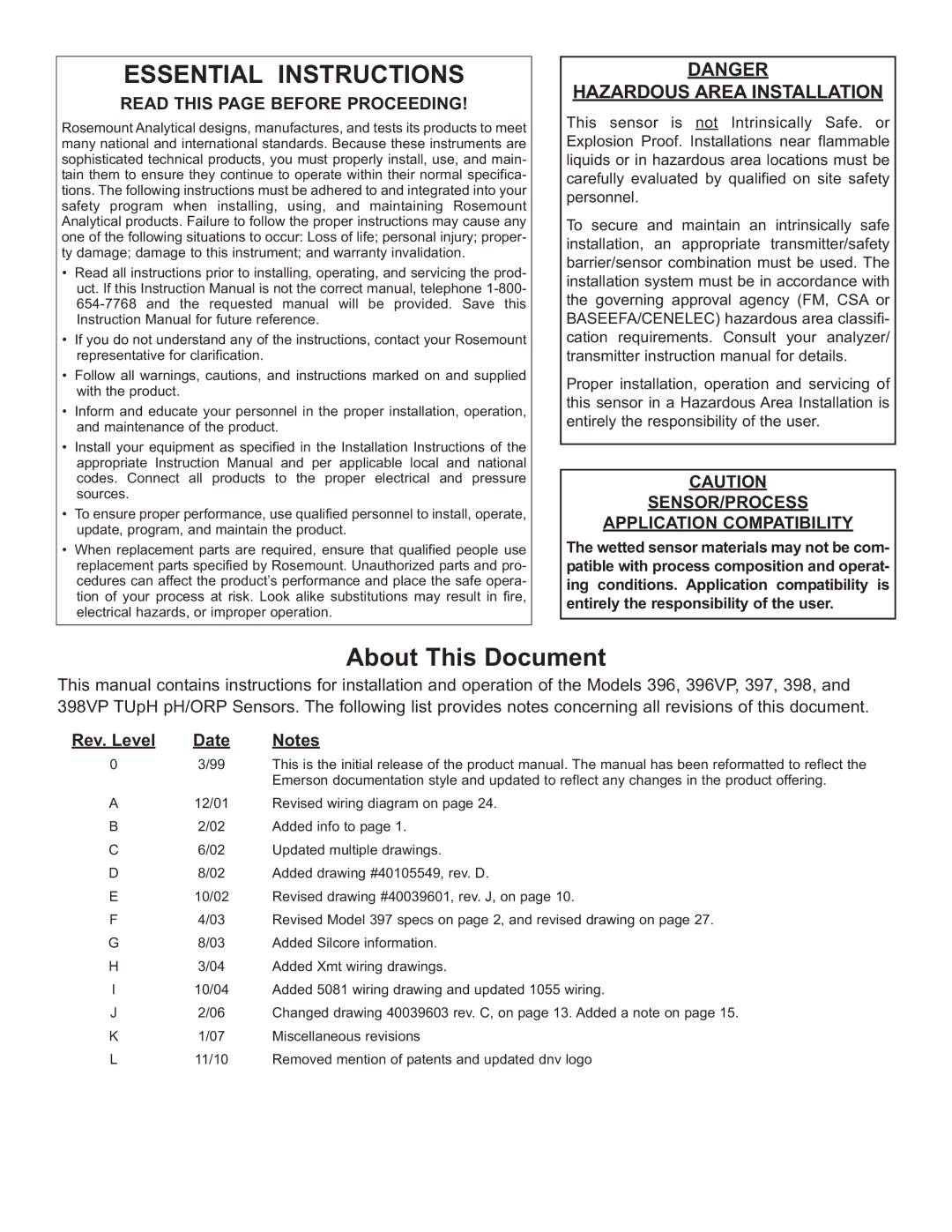 Emerson 396VP, 398VP, 397 instruction manual Essential Instructions, Hazardous Area Installation 