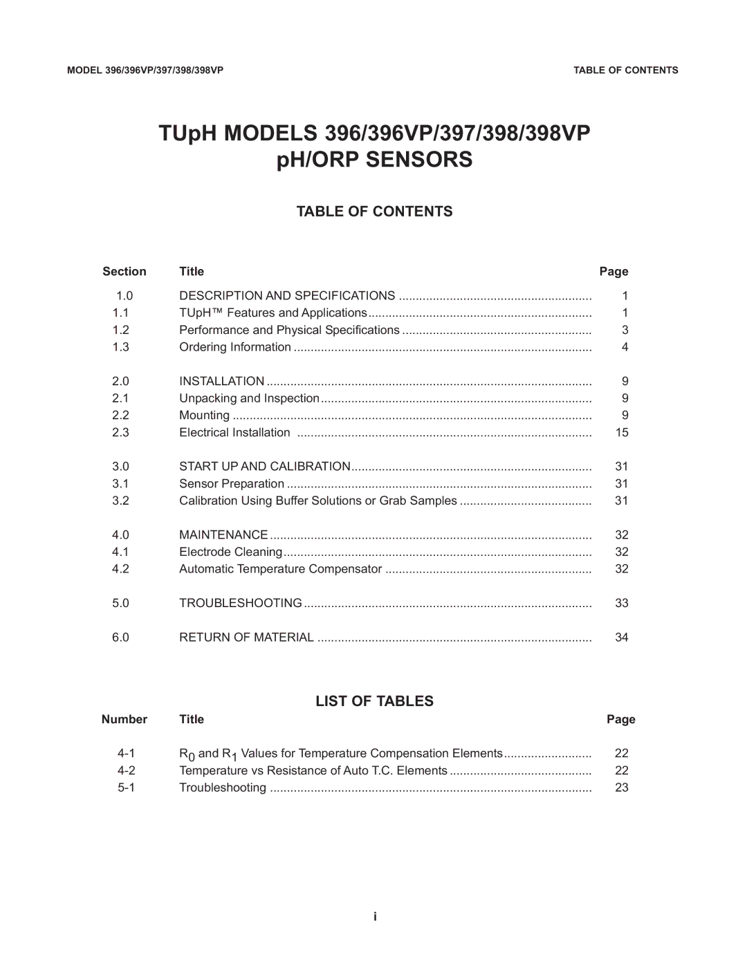 Emerson 398VP, 396VP, 397 instruction manual Table of Contents, List of Tables 