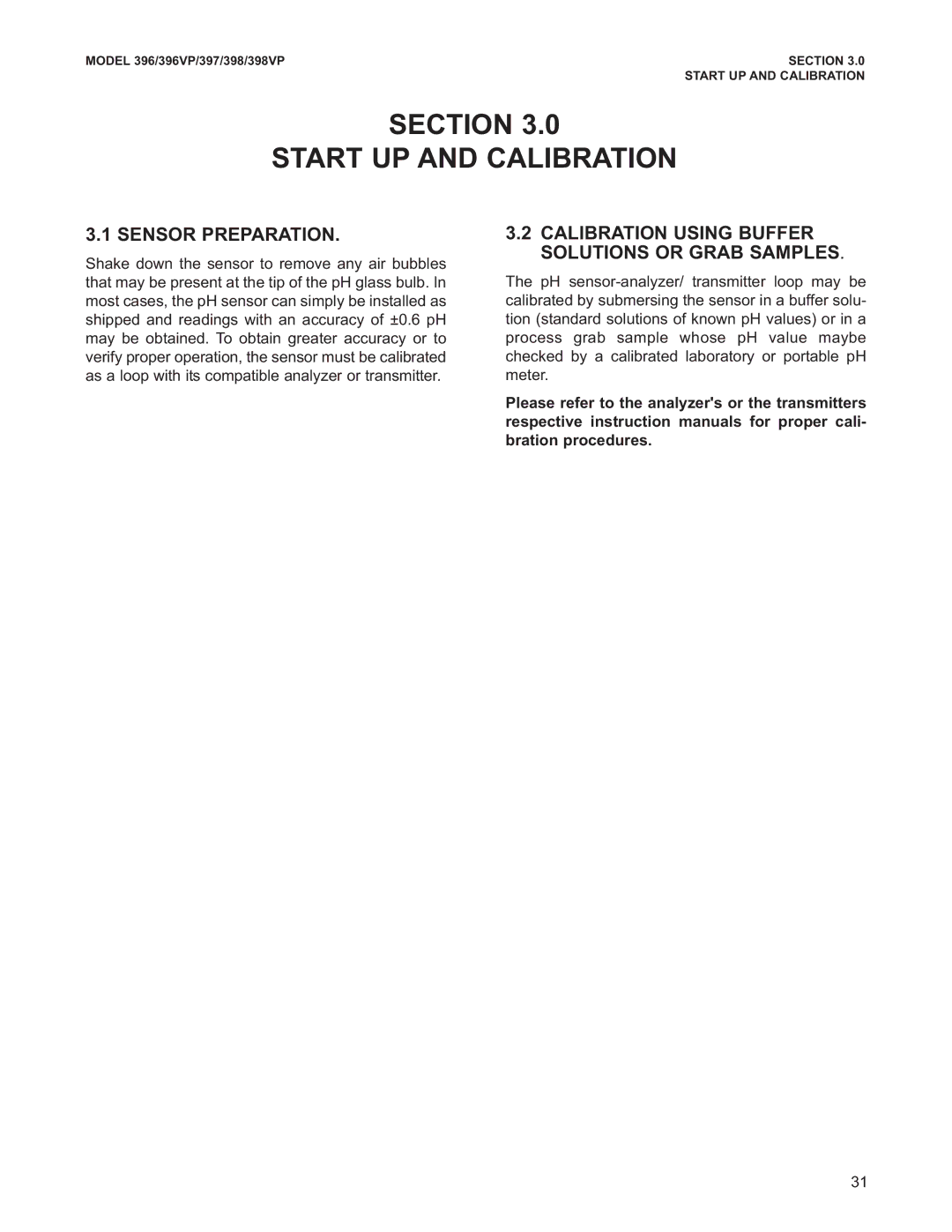 Emerson 398, 396 Section Start UP and Calibration, Sensor Preparation, Calibration Using Buffer Solutions or Grab Samples 