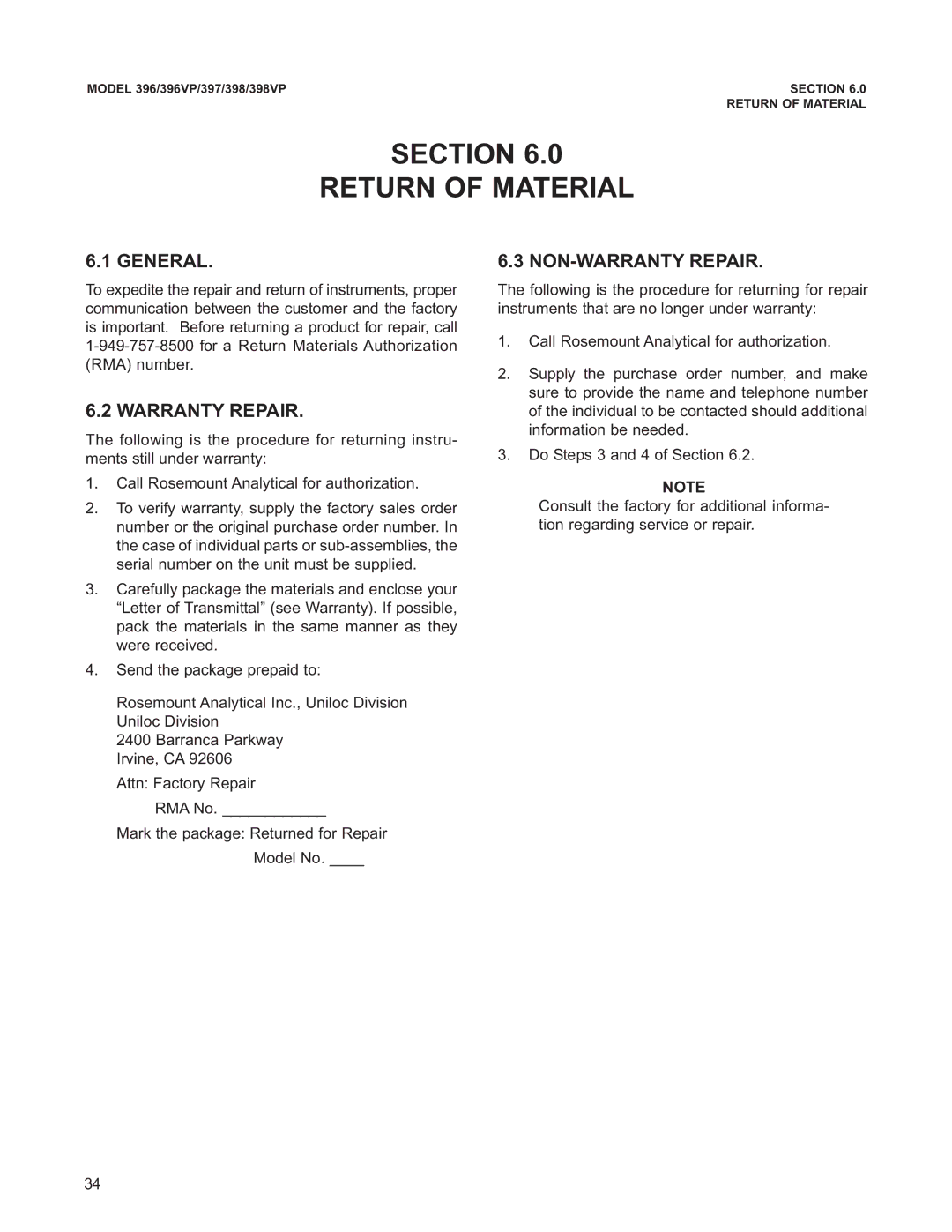 Emerson 398VP, 396VP, 397 instruction manual Section Return of Material, General, Warranty Repair, NON-WARRANTY Repair 