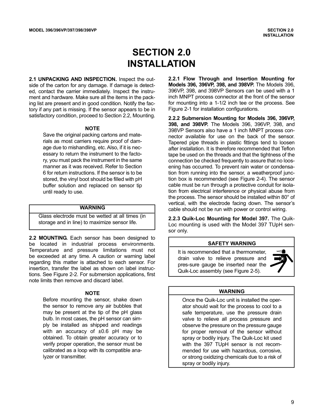 Emerson 398VP, 396VP, 397 instruction manual Section Installation, Safety Warning 