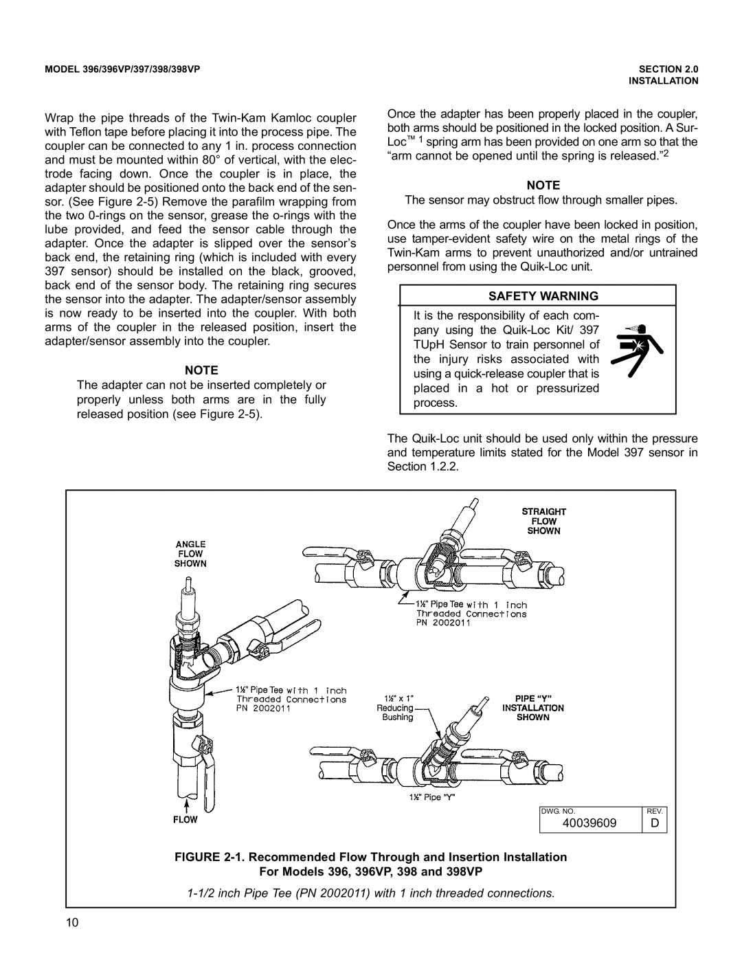 Emerson 397, 396VP, 398VP instruction manual inch Pipe Tee PN 2002011 with 1 inch threaded connections 