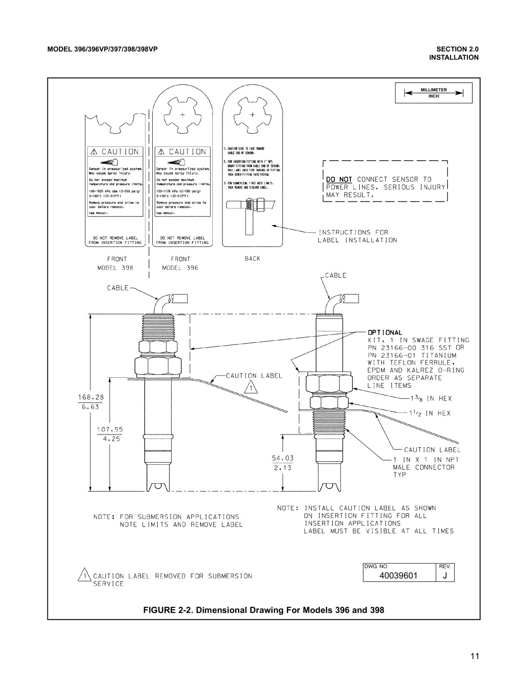 Emerson 396VP, 398VP, 397 instruction manual Dimensional Drawing For Models 396 