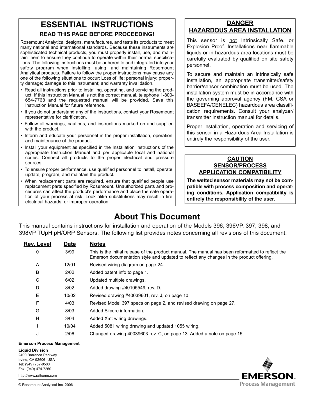 Emerson 396VP, 398VP, 397 instruction manual Essential Instructions, Hazardous Area Installation 